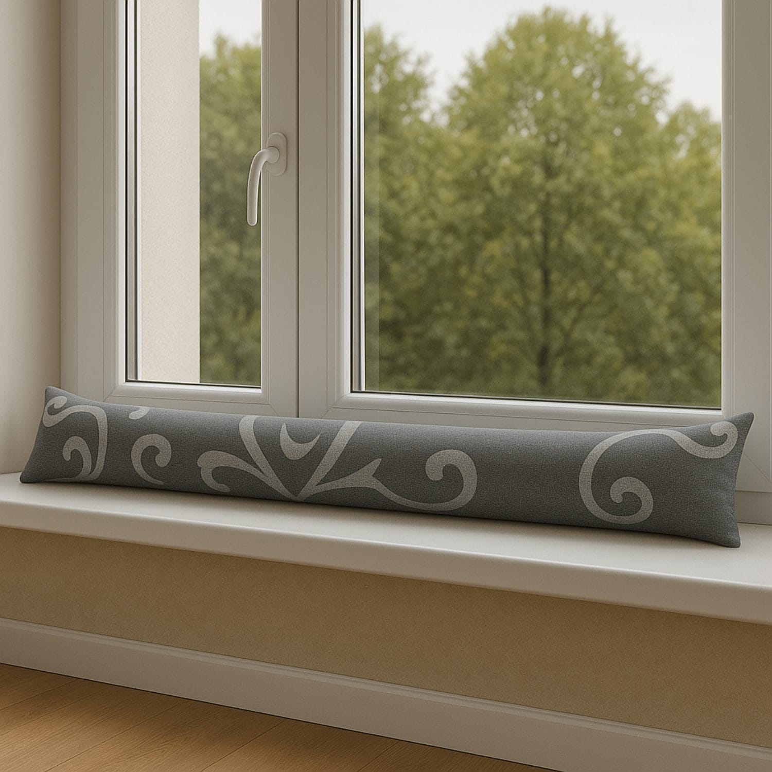 Paraspiffero damascato grigio posizionato su davanzale finestra