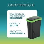 Pattumiera 25 litri nera con coperchio verde in polipropilene Made in Italy