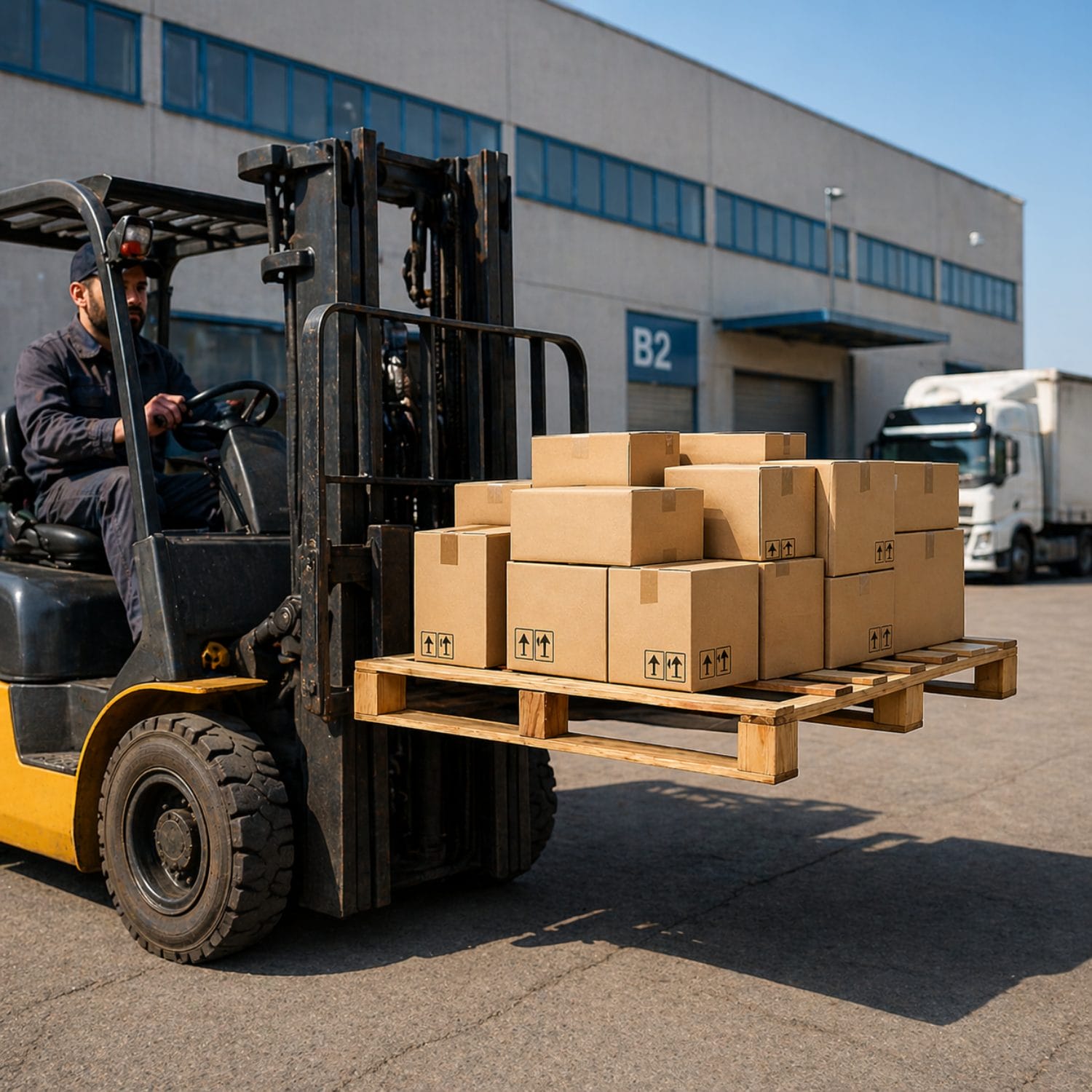 Carrello elevatore con bancali in legno e scatole per spedizione