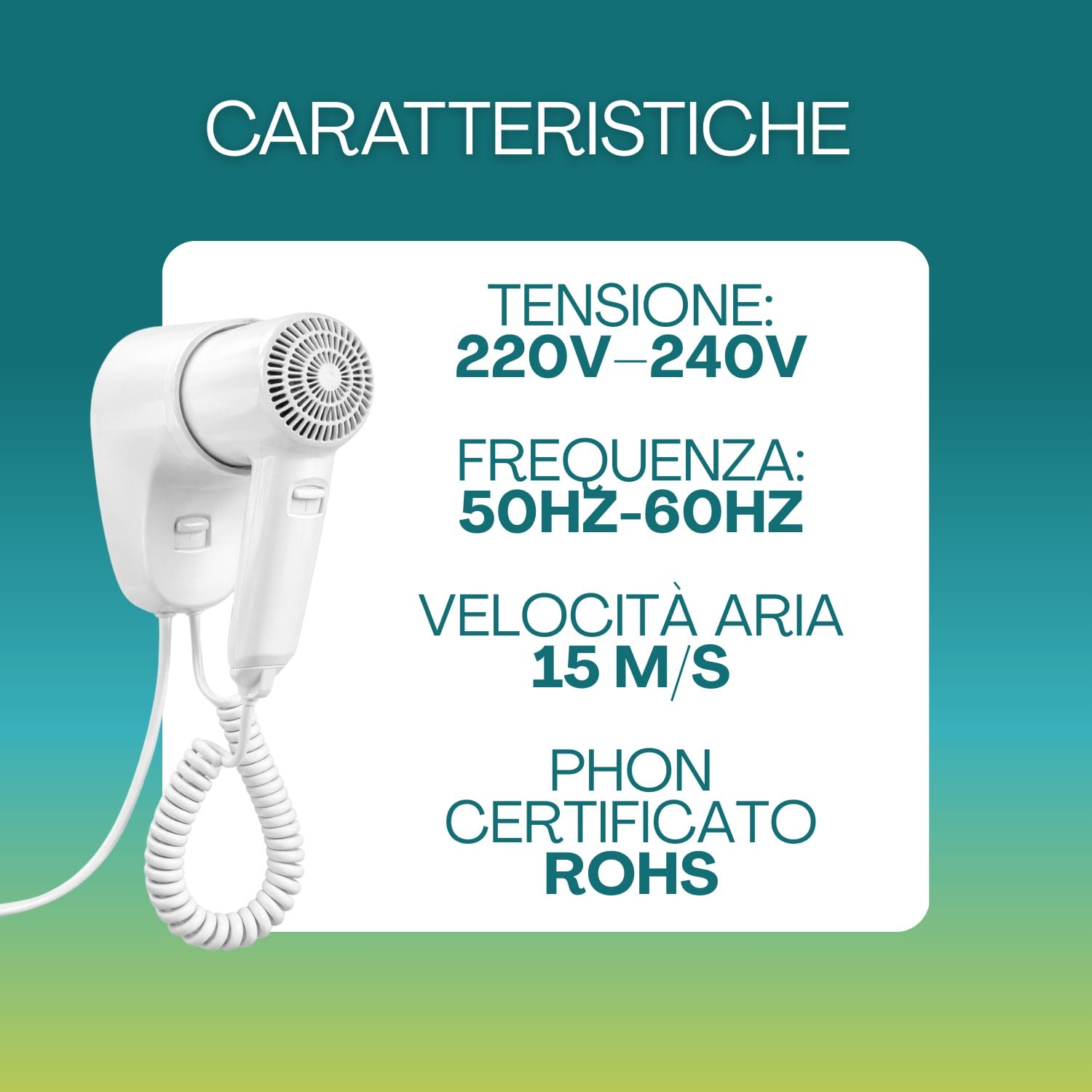 Phon da parete certificato ROHS 220-240V con velocità aria 15 m/s