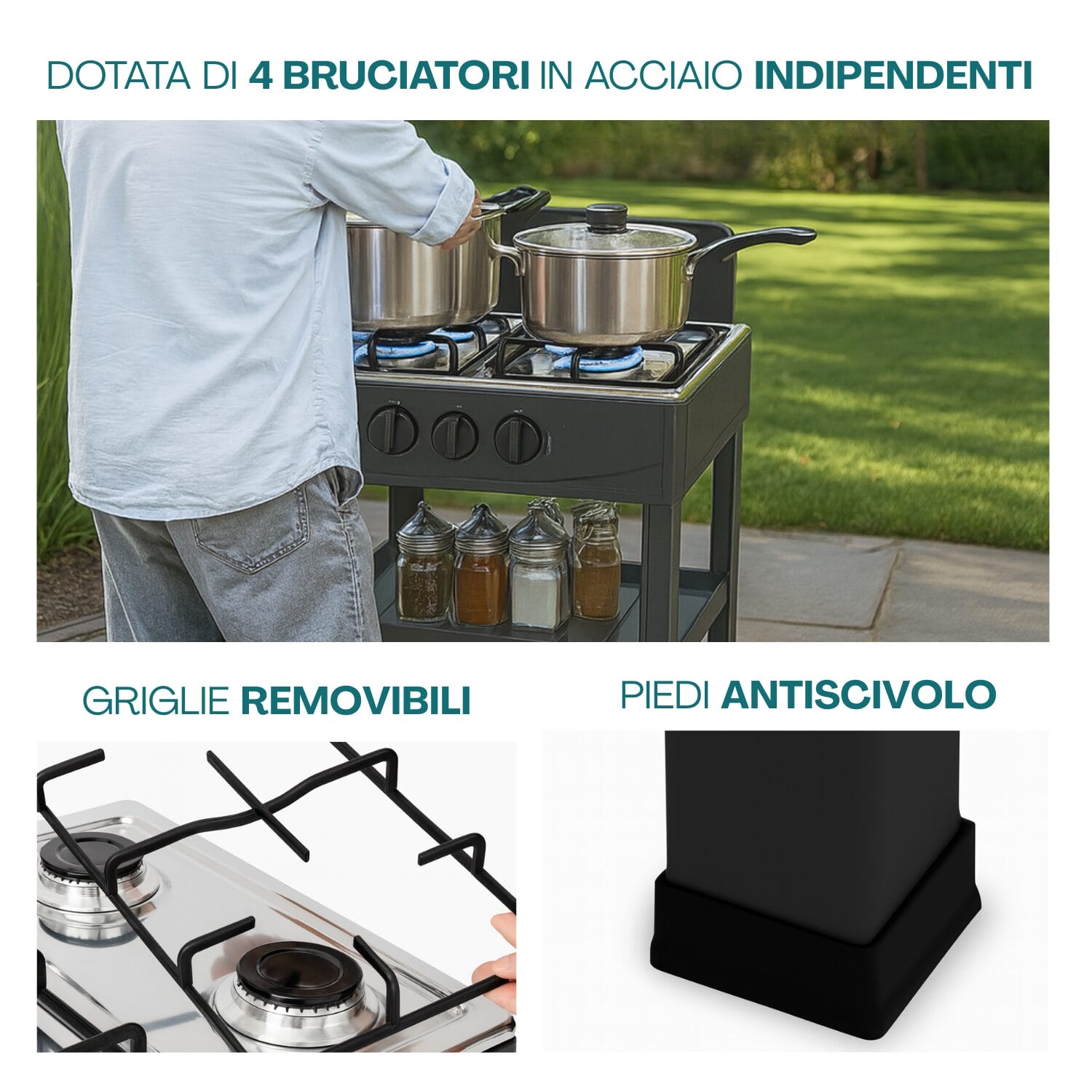 Piano cottura portatile con 4 bruciatori in acciaio
