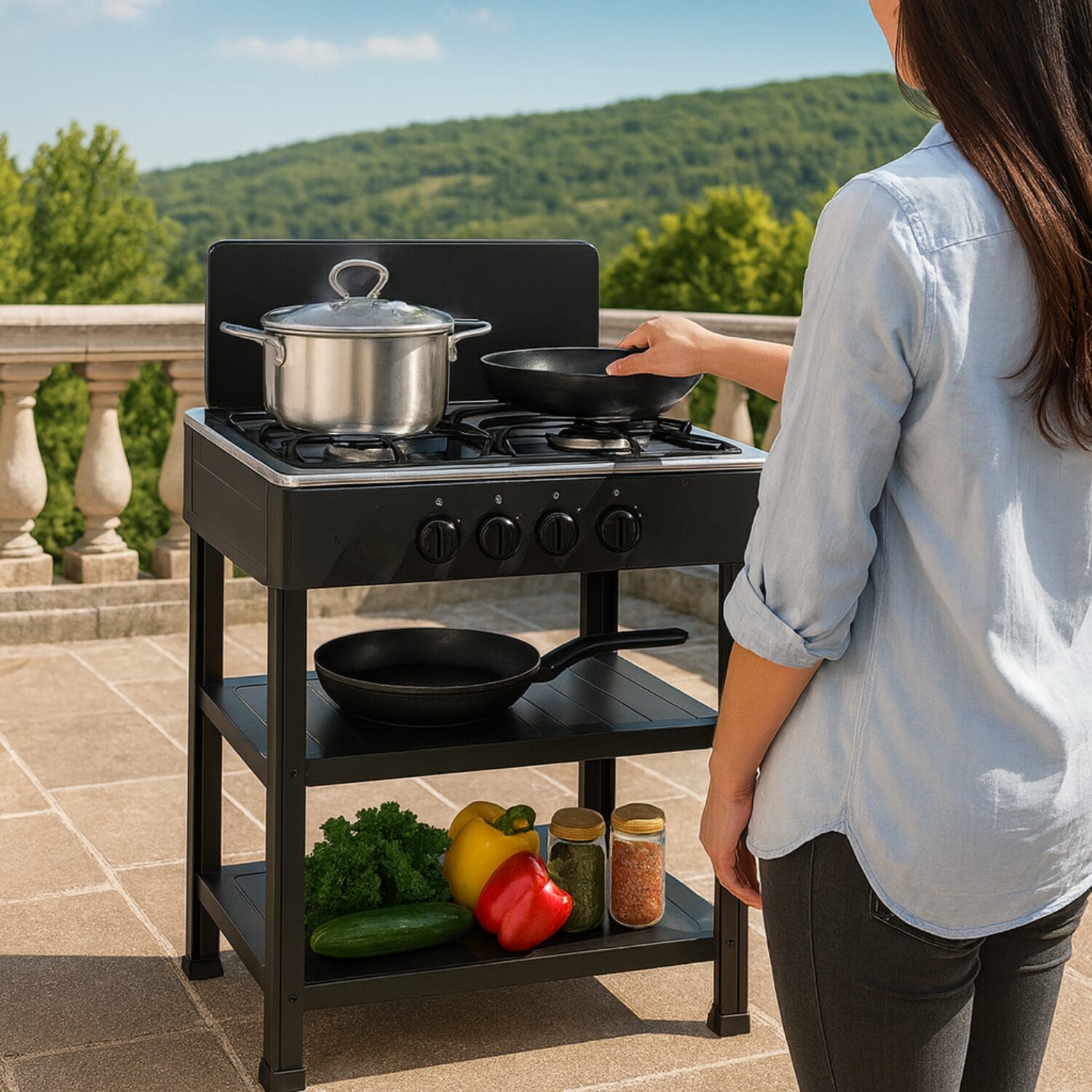 Piano cottura a gas 4 fuochi con ripiani, design compatto da esterno