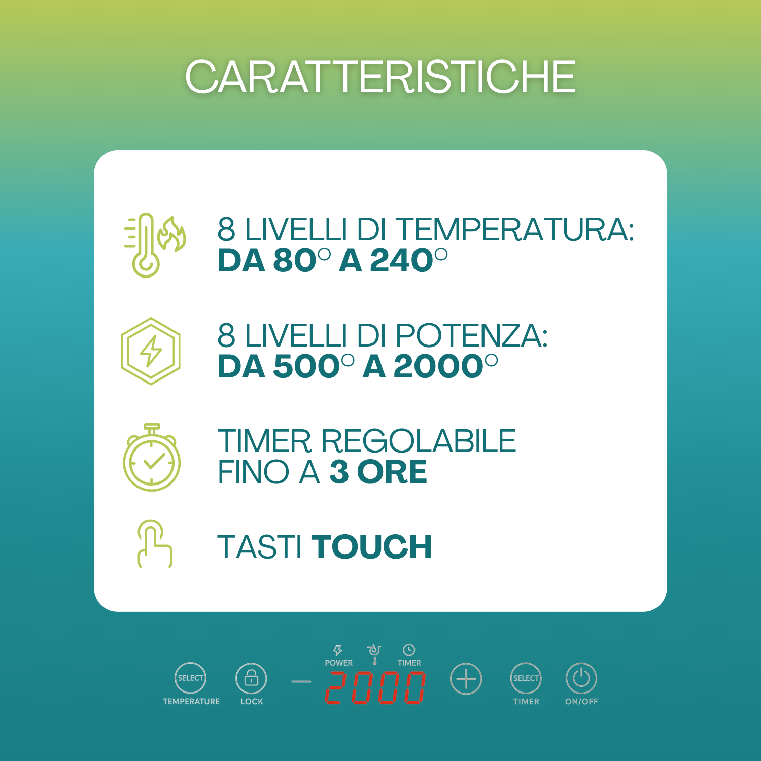 Piastra a induzione con 8 livelli temperatura e potenza, timer 3 ore e comandi touch