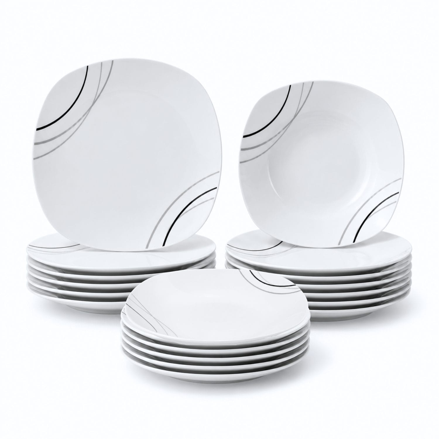 piatti quadrati principale Servizio 18 piatti quadrati in porcellana bianca con elegante decoro a linee nere