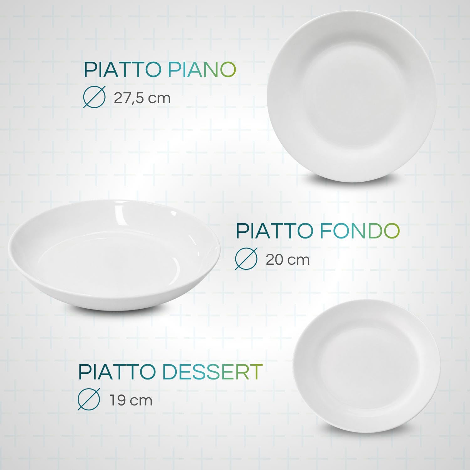 Dimensioni set piatti rotondi in porcellana bianca per 6 persone uso quotidiano