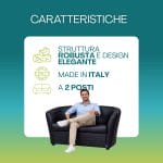 Divano a pozzetto 2 posti in ecopelle nera, struttura robusta in legno, design elegante Made in Italy