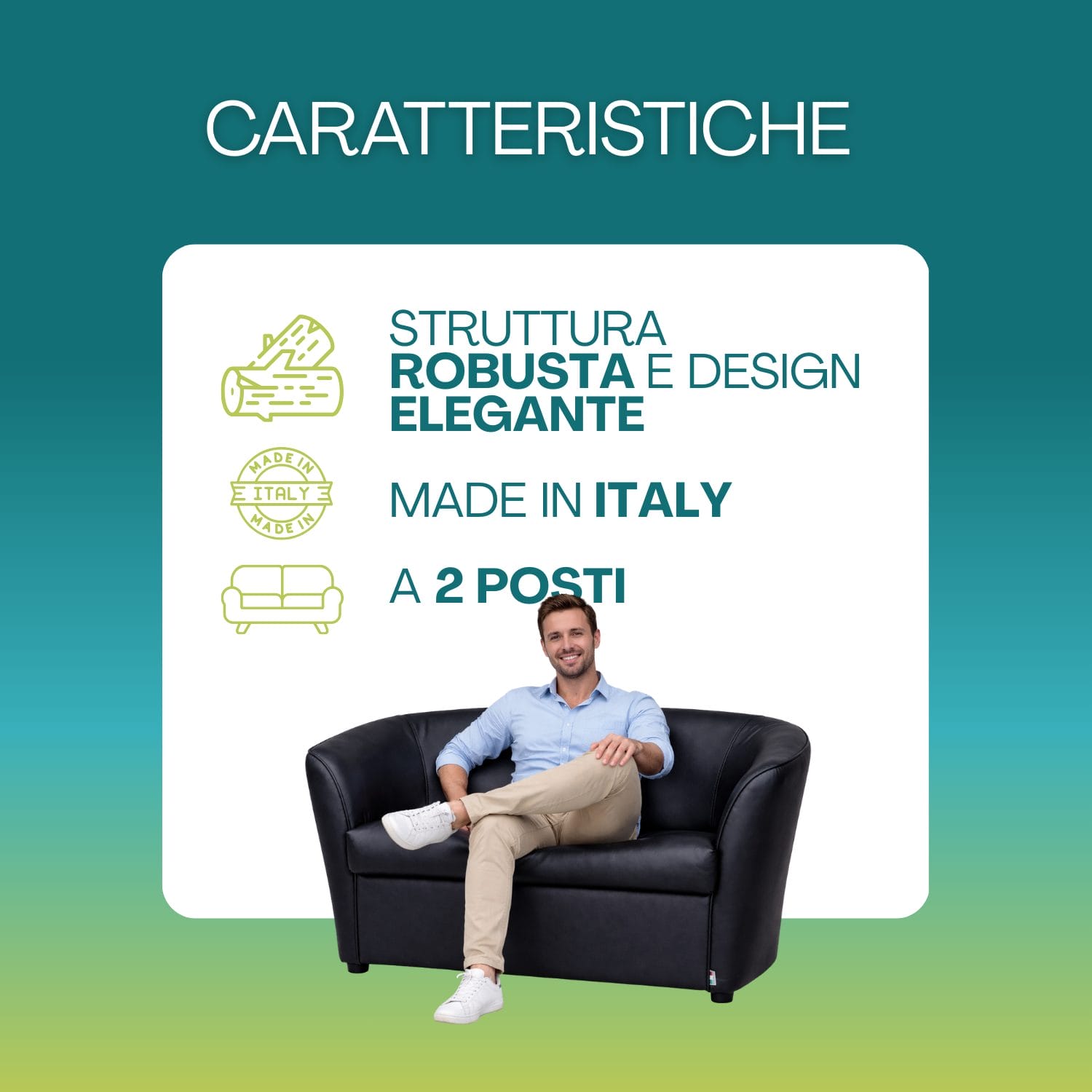 Divano a pozzetto 2 posti in ecopelle nera, struttura robusta in legno, design elegante Made in Italy