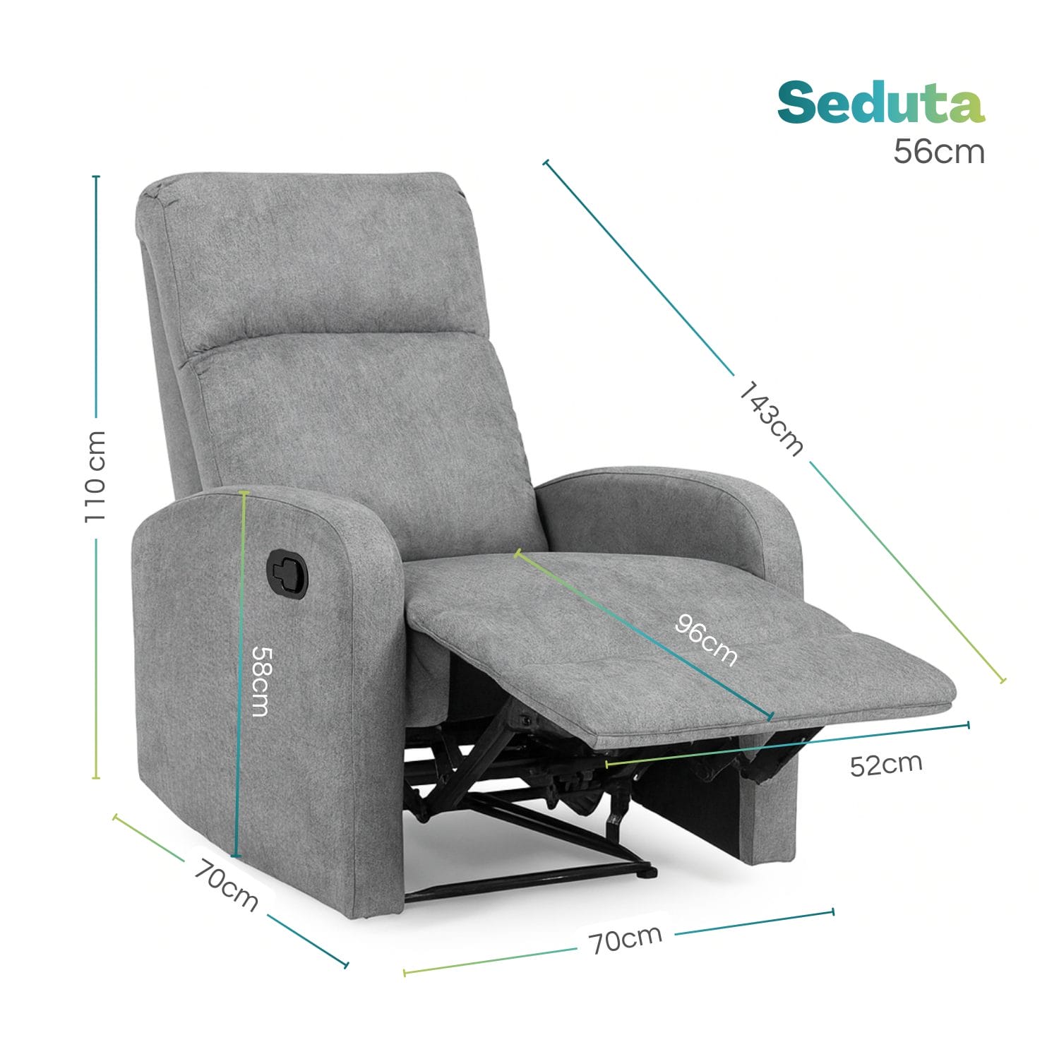 Poltrona reclinabile manuale grigia con misure 110x70 cm e seduta 56 cm, chaise longue