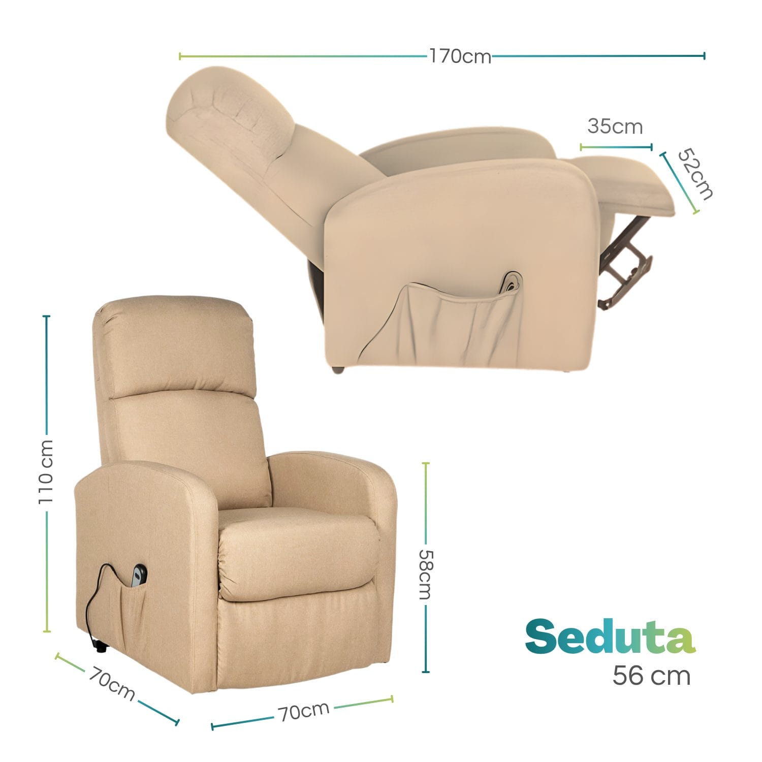 Poltrona reclinabile elettrica beige con misure 110x70 cm e seduta 56 cm, modello relax
