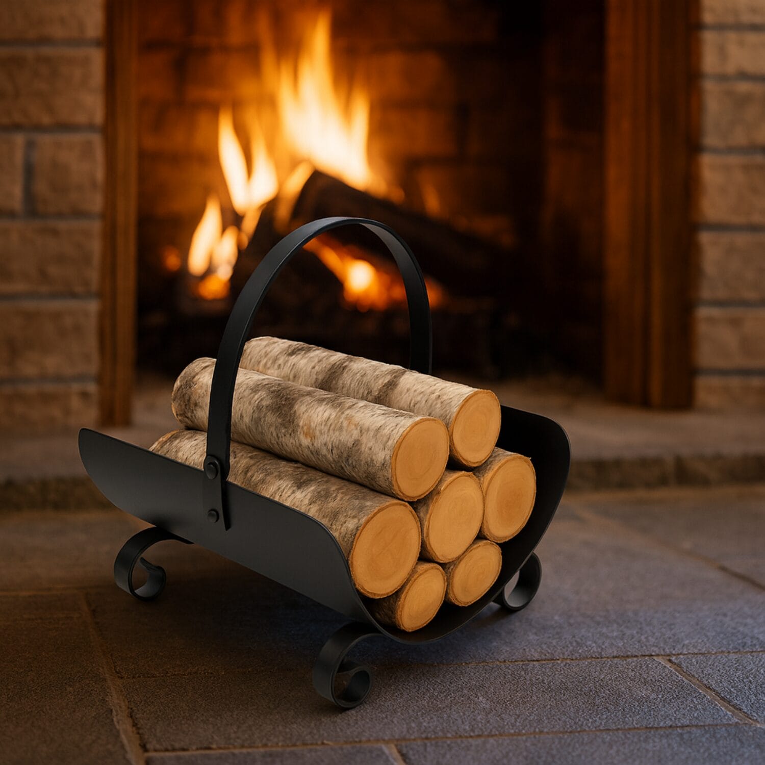 Portalegna ovale nero davanti a camino acceso con legna impilata