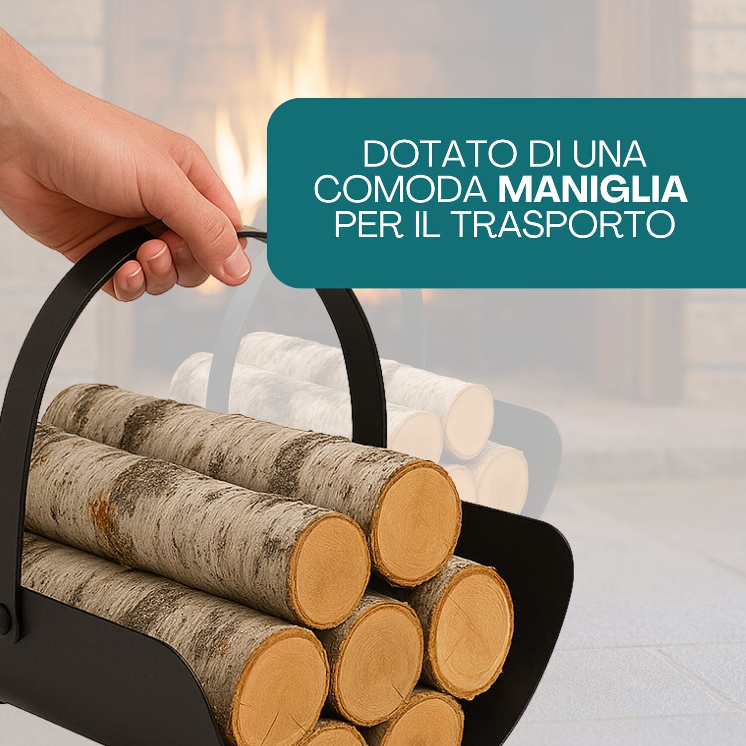 Portalegna ovale con manico in acciaio per trasporto facile della legna