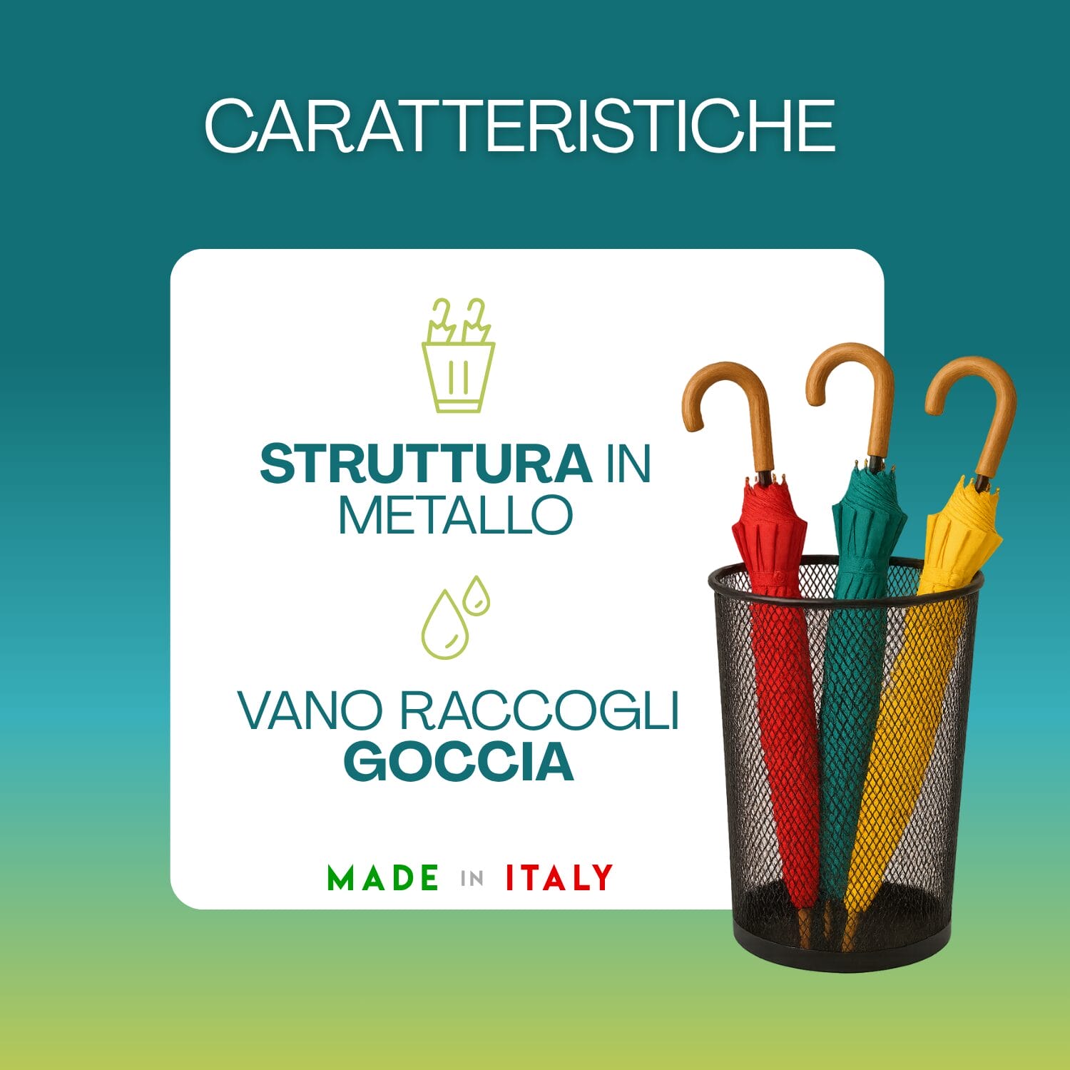 portaombrelli-caratteristiche Portaombrelli in metallo con vano raccogli goccia e struttura robusta Made in Italy