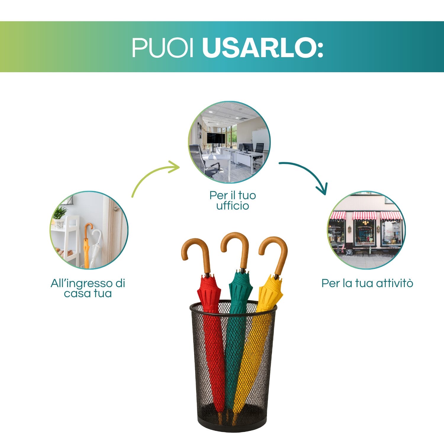 portaombrelli-utilizzi Portaombrelli a rete in metallo da usare a casa in ufficio o per la tua attività