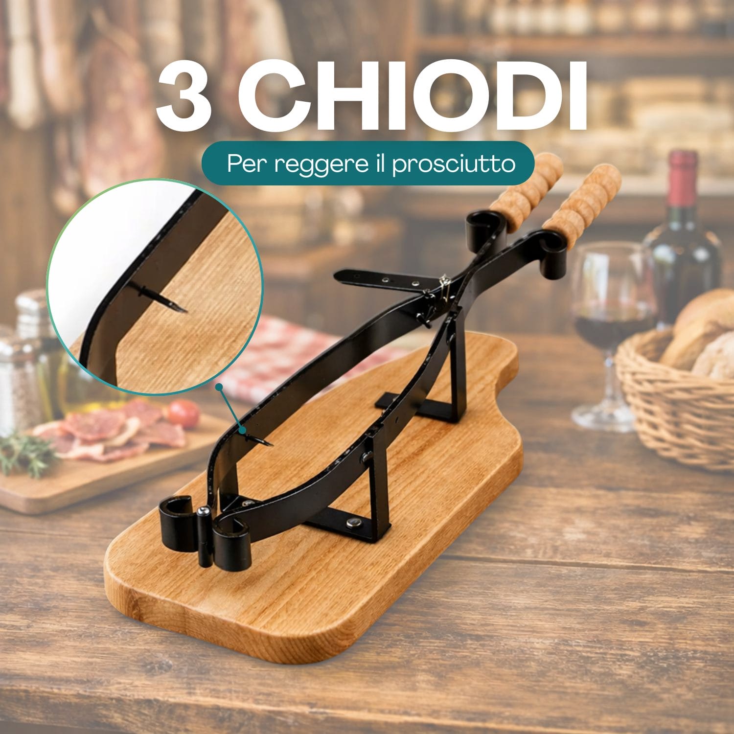 portaprosciutto chiodi Portaprosciutto con tre chiodi per fissaggio prosciutto