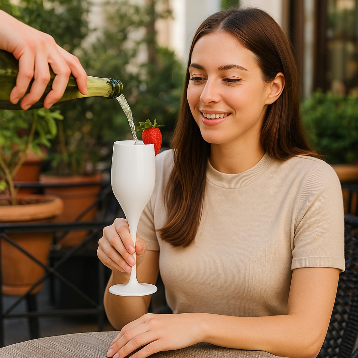 Donna brinda con flute champagne bianco in plastica riutilizzabile elegante