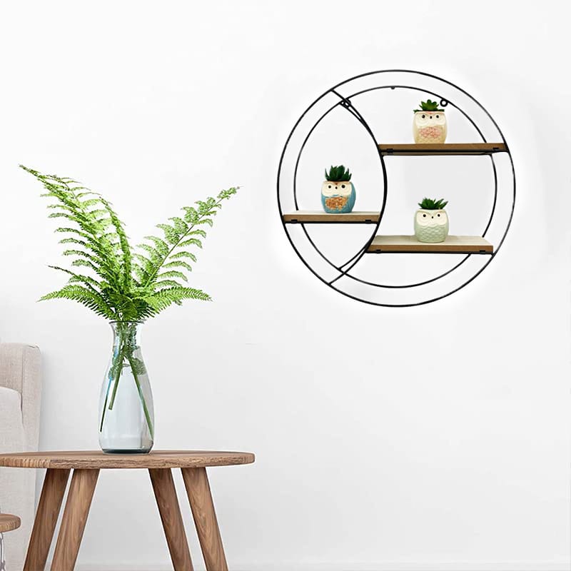 Mensola da parete rotonda 44 cm in ferro e legno con 3 ripiani sospesi stile industriale