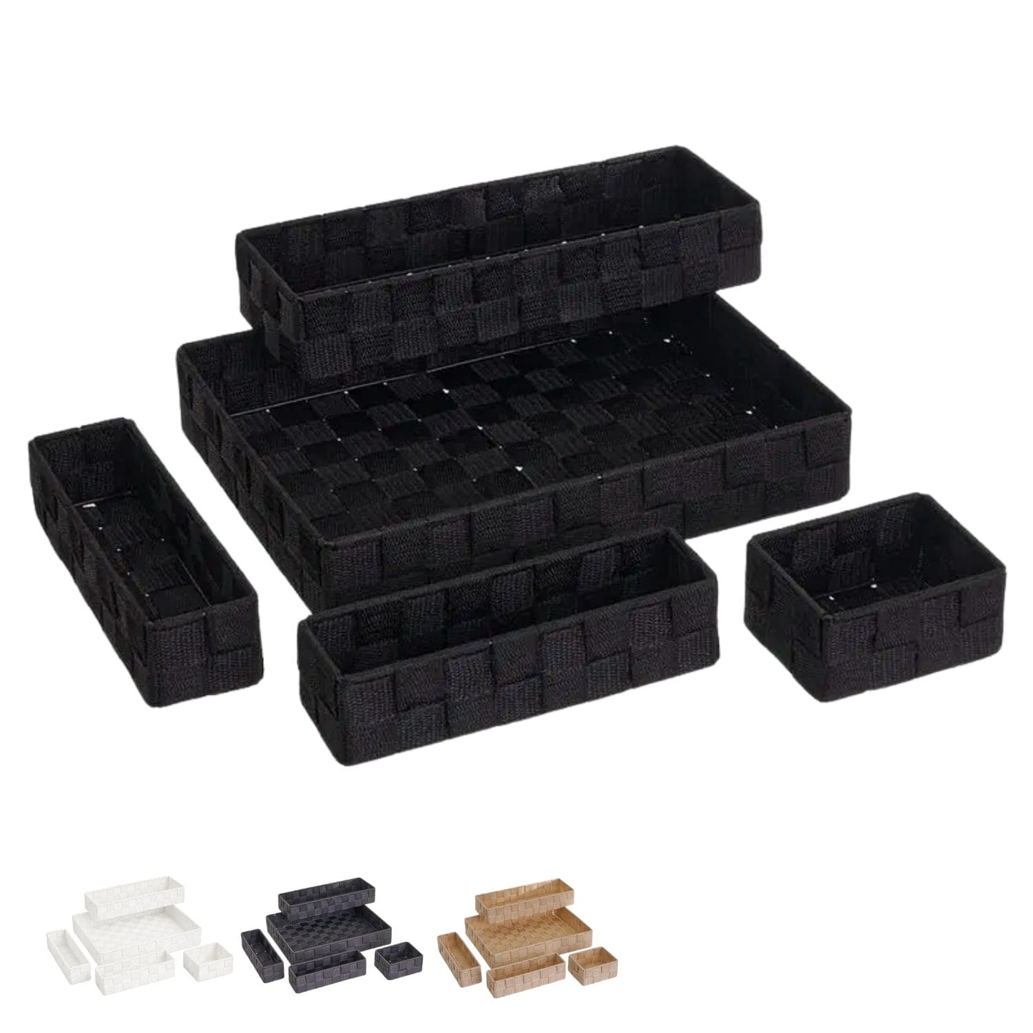 Set di cestini organizer intrecciati colore nero con vassoio e contenitori per organizzare accessori e oggetti