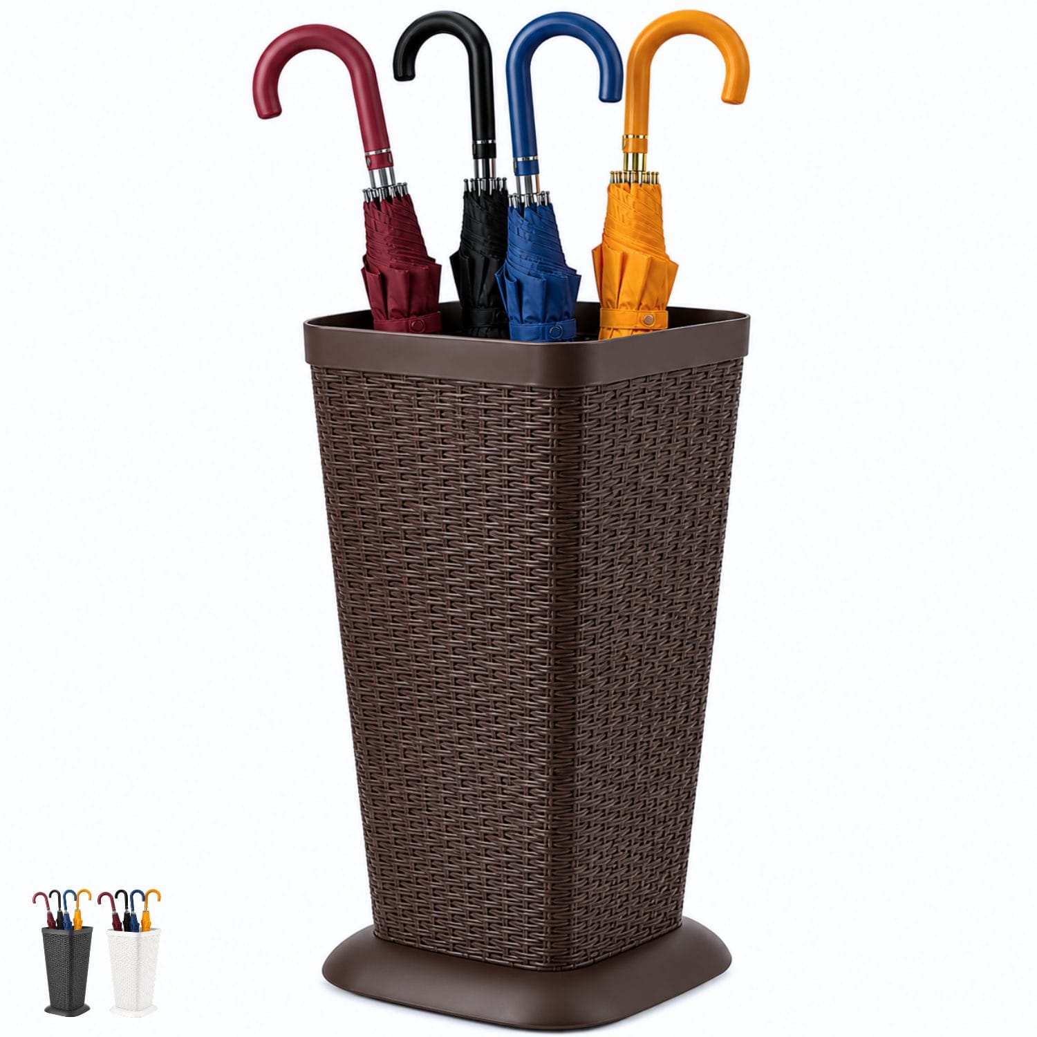 Portaombrelli marrone effetto intreccio per ingresso Portaombrelli effetto rattan marrone con base raccogligocce per organizzare ombrelli in casa o ufficio