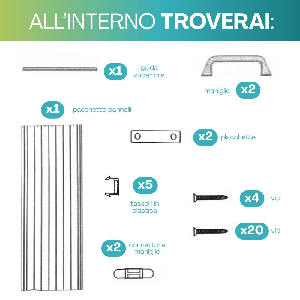 Componenti porta a soffietto: guida, pannelli, maniglie, placchette, tasselli e viti