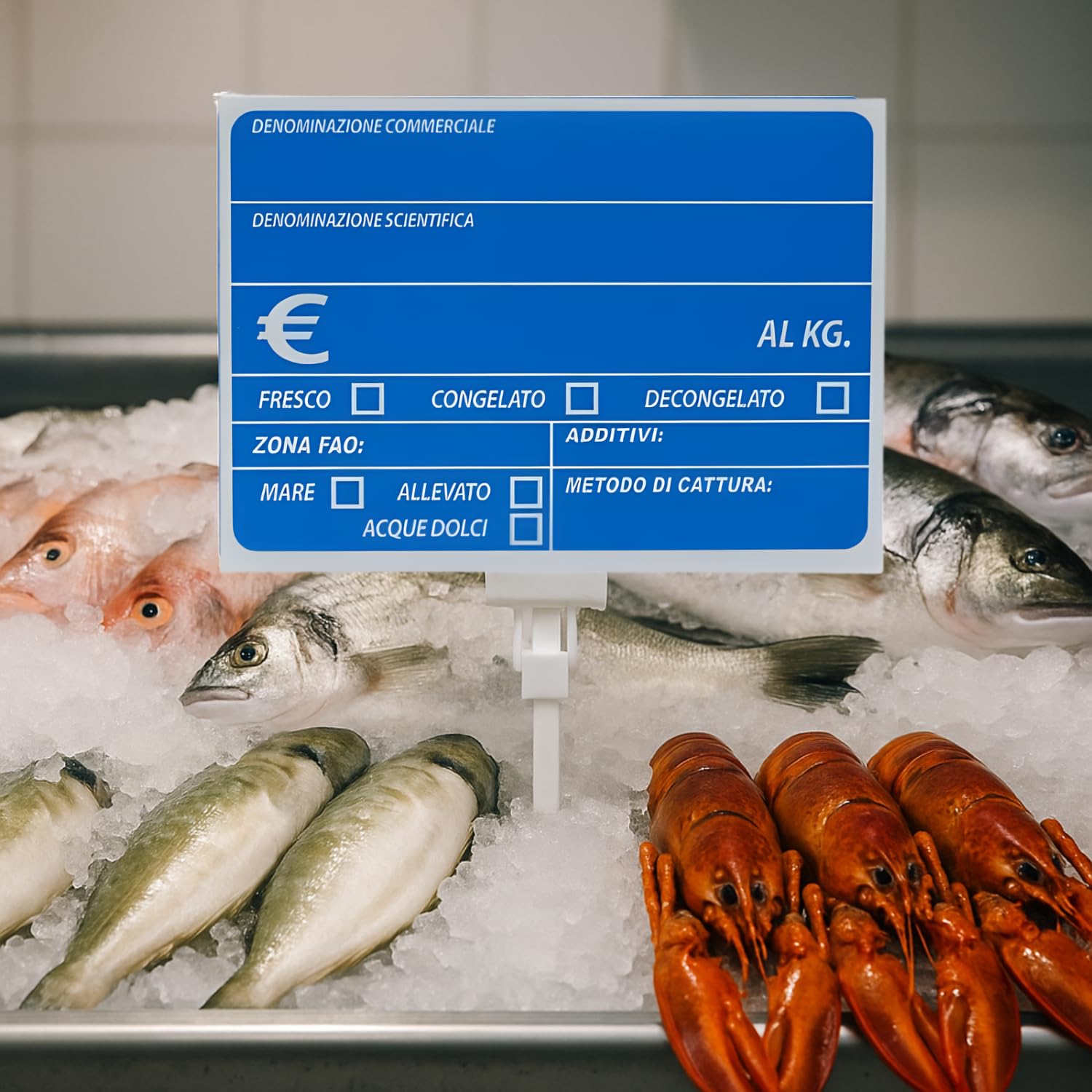 Cartellino PVC per pescheria esposto su banco del pesce con ghiaccio e crostacei