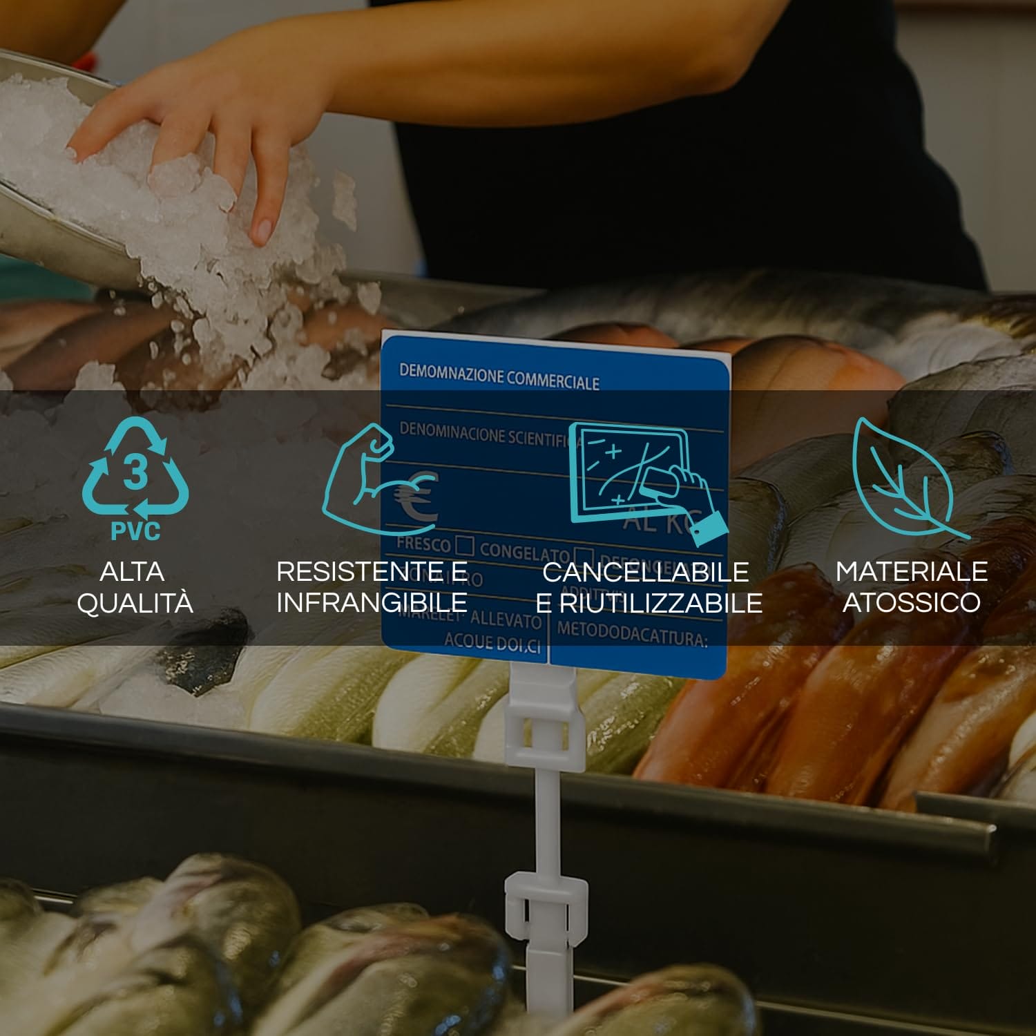 Cartellino pescheria su banco del pesce con icone PVC, resistente, cancellabile e atossico
