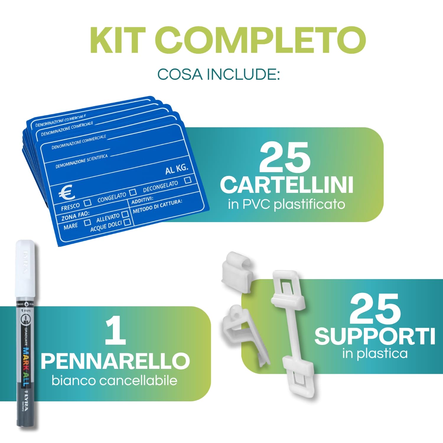Kit cartellini pescheria con 25 etichette in PVC, 25 supporti e pennarello cancellabile