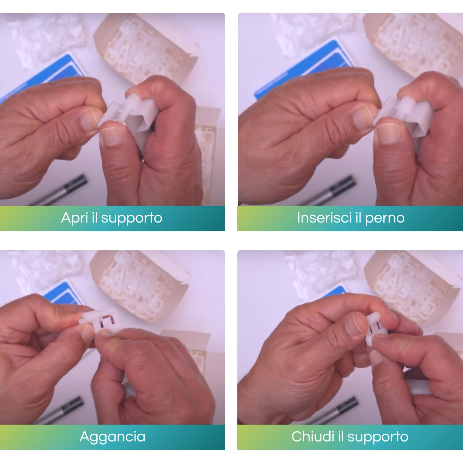 Istruzioni montaggio supporto cartellini pescheria in quattro passaggi illustrati