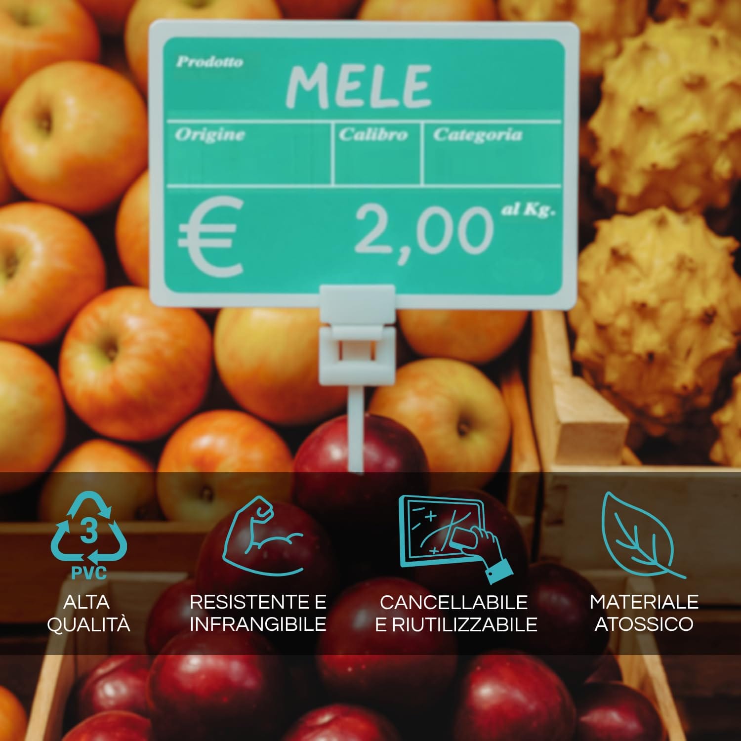 caratteristiche-kit-segnaprezzi-ortofrutta Cartellino ortofrutta in PVC, resistente, cancellabile, riutilizzabile e atossico