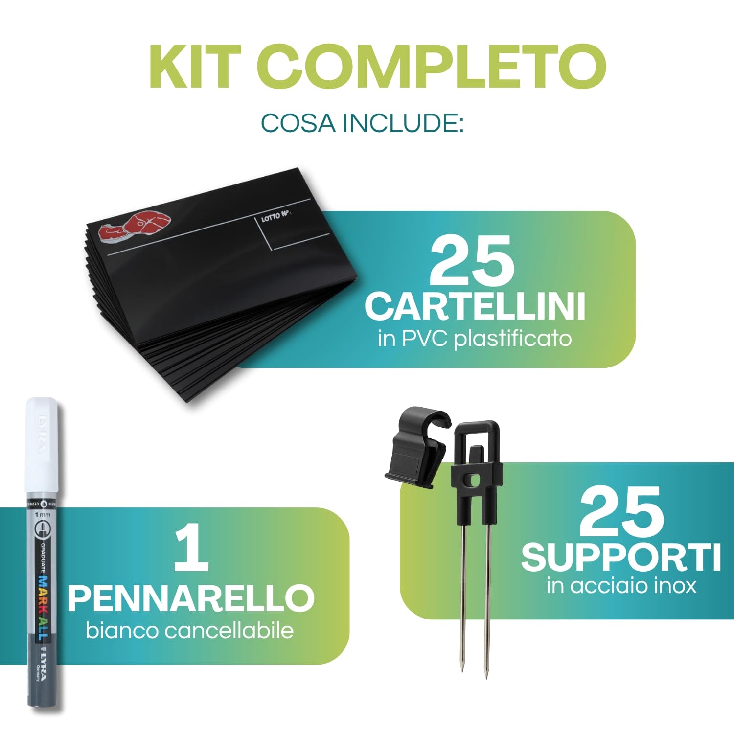 Kit con 25 cartellini in PVC, 25 supporti inox e pennarello cancellabile bianco