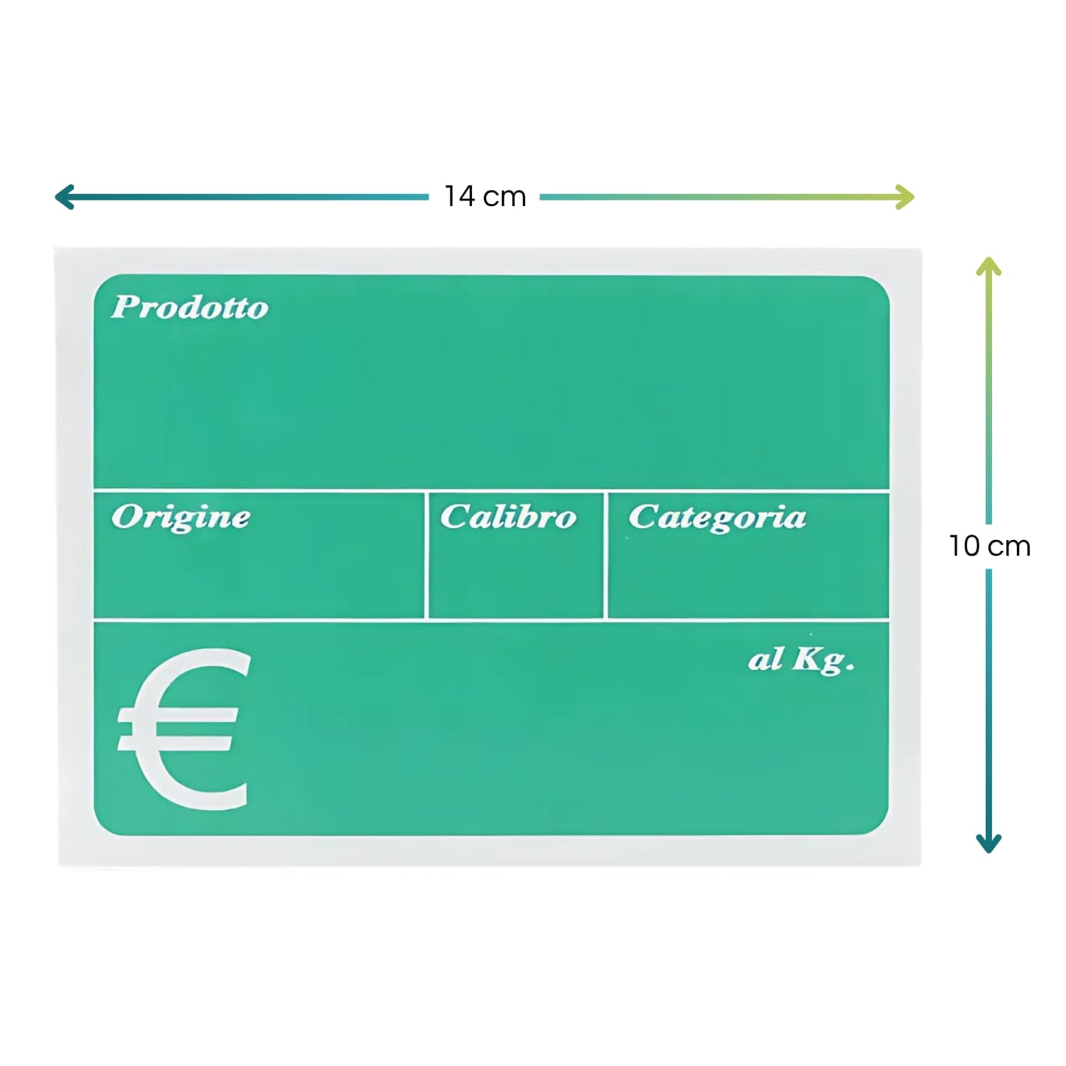 misure-kit-segnaprezzi-ortofrutta Cartellino verde ortofrutta 14×10 cm con campi prodotto, origine, calibro e categoria