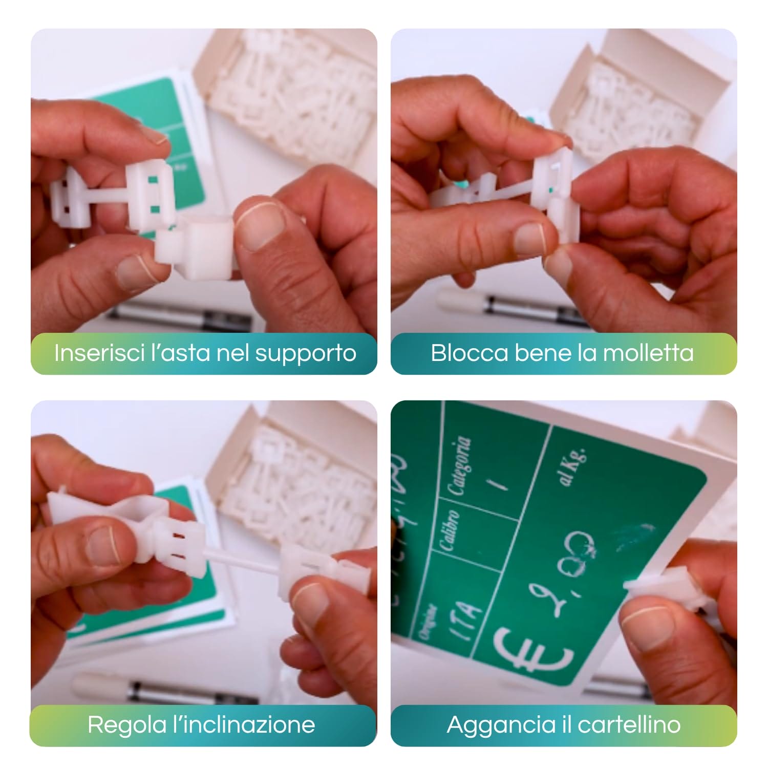 montaggio-kit-segnaprezzi-ortofrutta Istruzioni montaggio supporto segnaprezzi ortofrutta in quattro passaggi illustrati