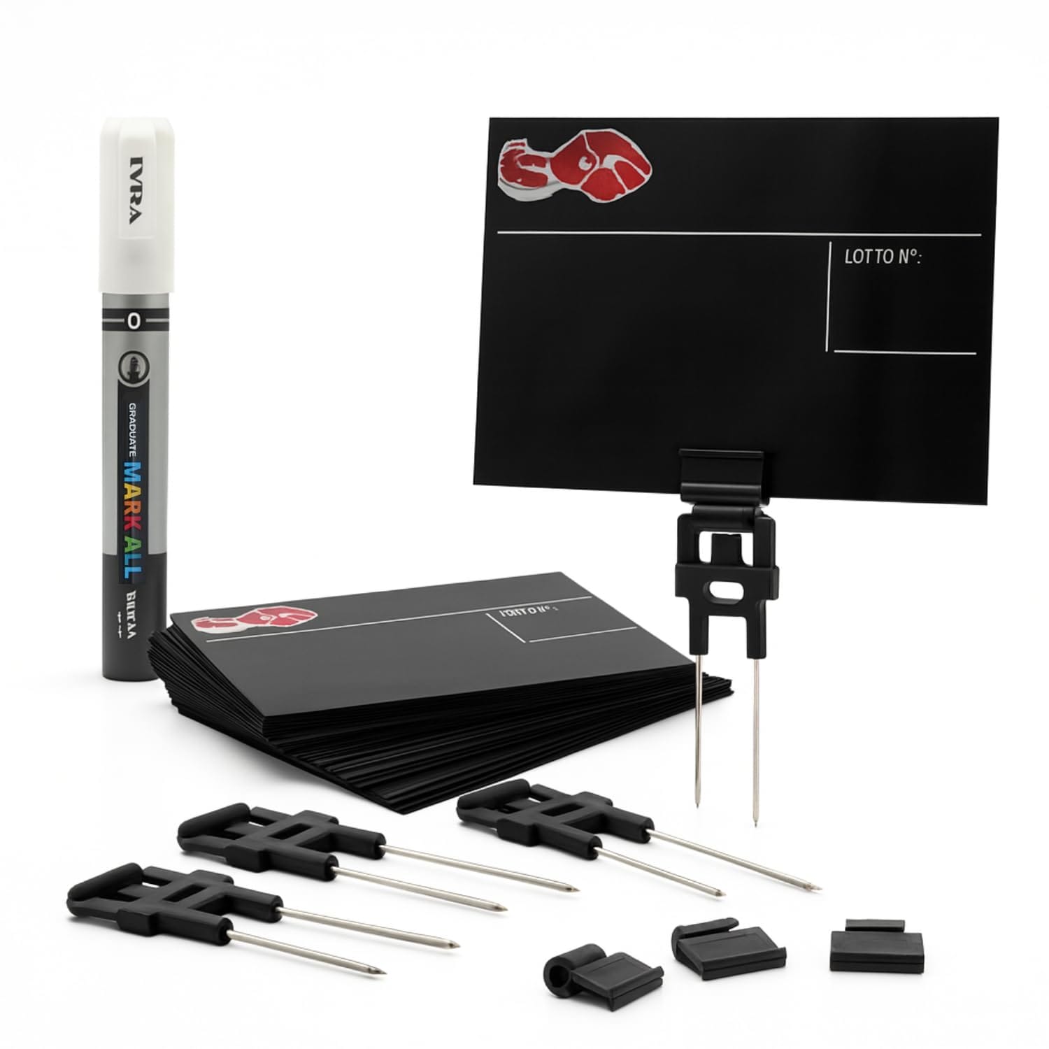 Kit segnaprezzi macelleria con cartellini neri, supporti in acciaio e pennarello bianco