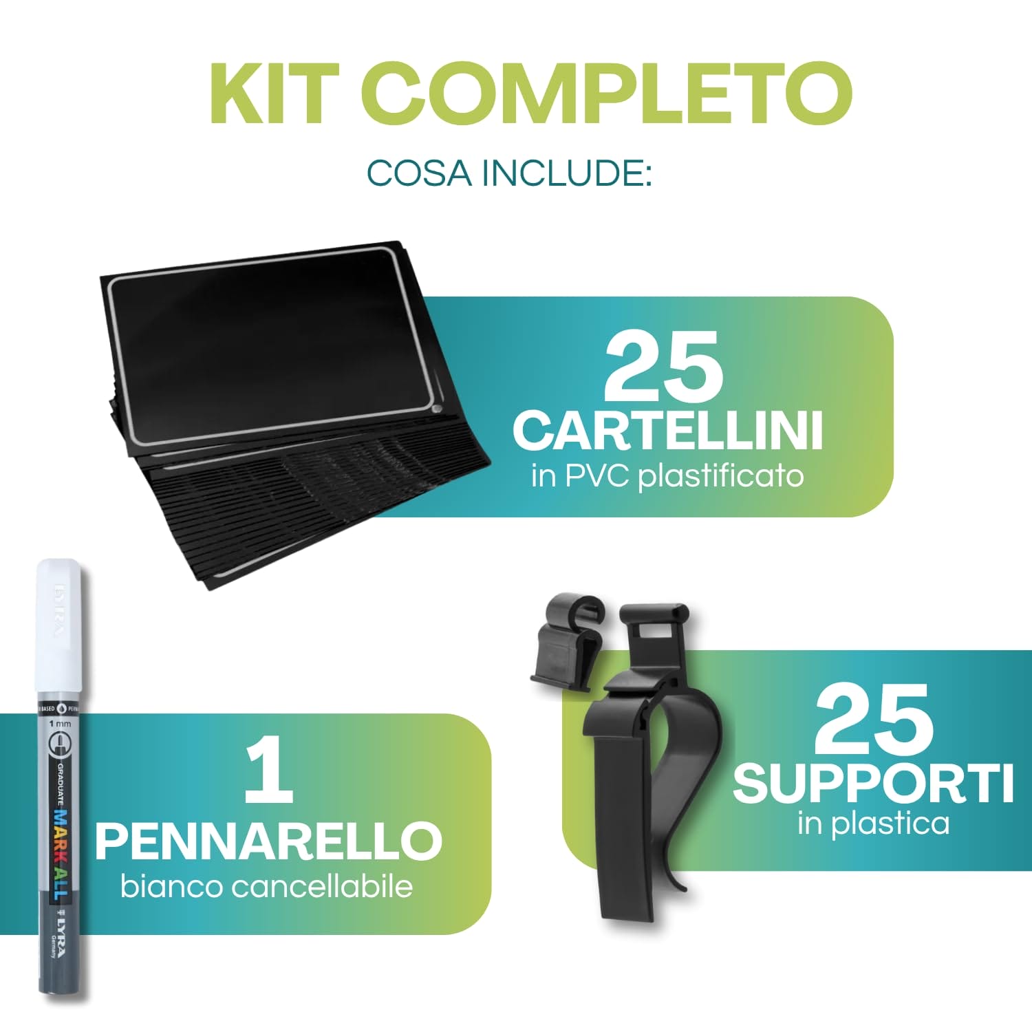 contenuto-kit-segnaprezzi-neutro Kit con 25 cartellini neri, 25 supporti in plastica e pennarello bianco cancellabile