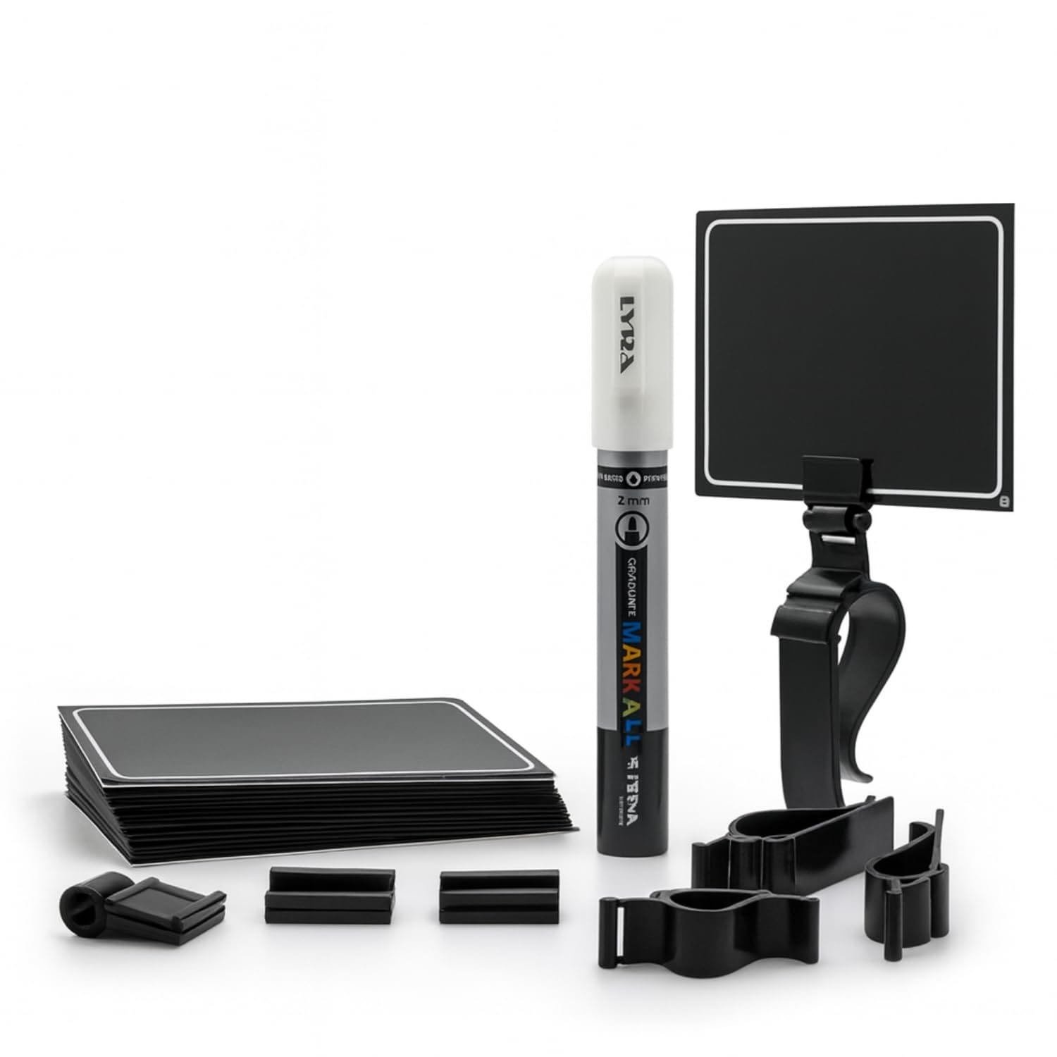 principale-kit-segnaprezzi-neutro Kit segnaprezzi nero con cartellini, supporti regolabili e pennarello bianco