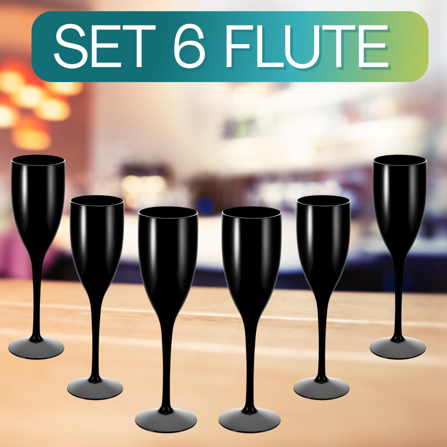 Set 6 flute champagne neri in plastica riutilizzabile infrangibile 150 cc