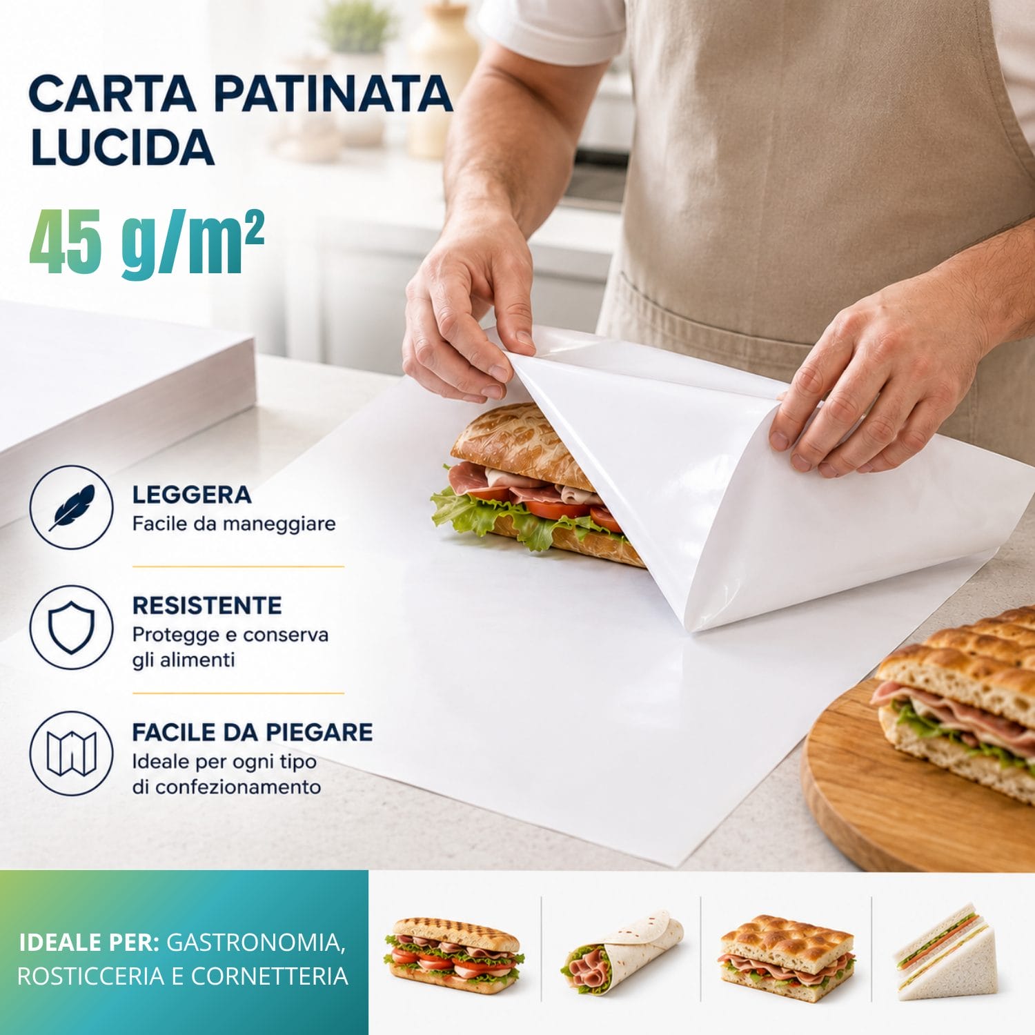 Carta patinata 45 g/m² per gastronomia e rosticceria Carta da banco bianca patinata lucida da 45 g/m² impiegata per avvolgere panini e prodotti da gastronomia