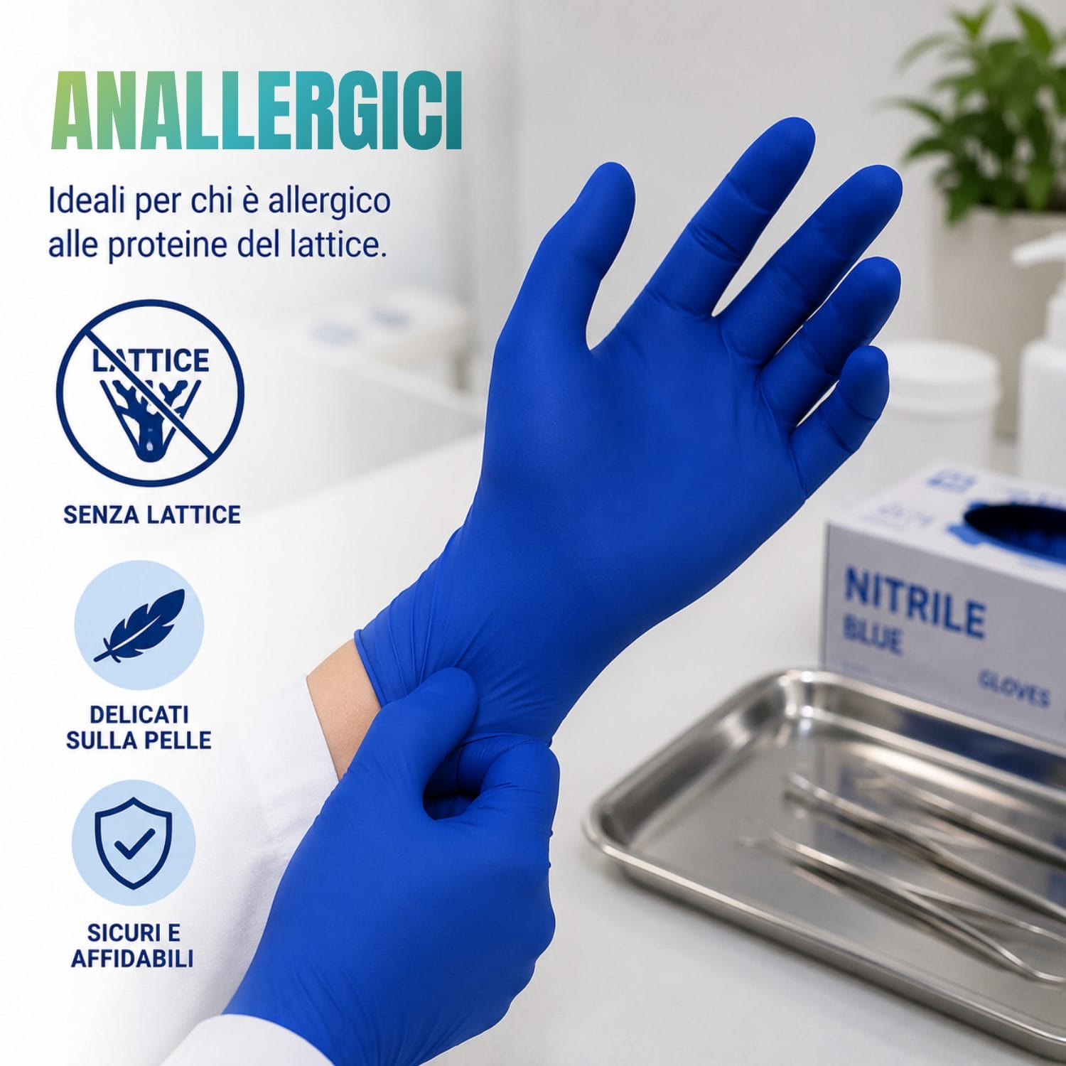 Guanti in nitrile blu monouso senza lattice indossati in ambiente sanitario, delicati sulla pelle e anallergici