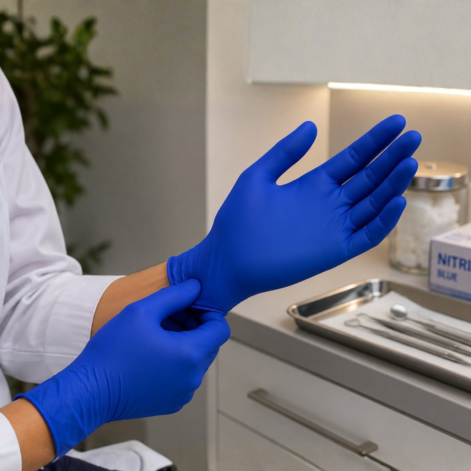 Operatore indossa guanti in nitrile blu monouso durante attività professionali in ambulatorio