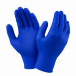 Coppia di guanti in nitrile blu monouso senza polvere mostrati su sfondo bianco