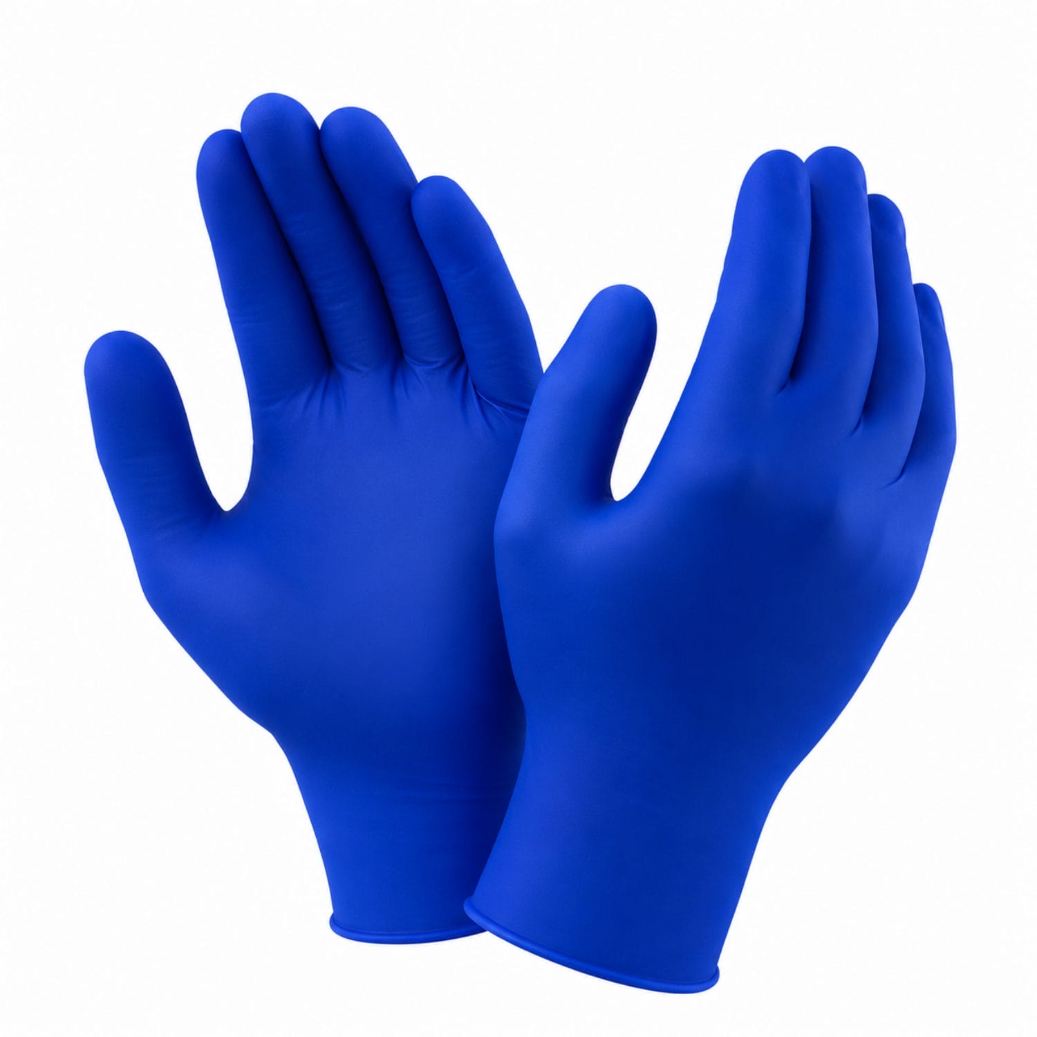 Coppia di guanti in nitrile blu monouso senza polvere mostrati su sfondo bianco