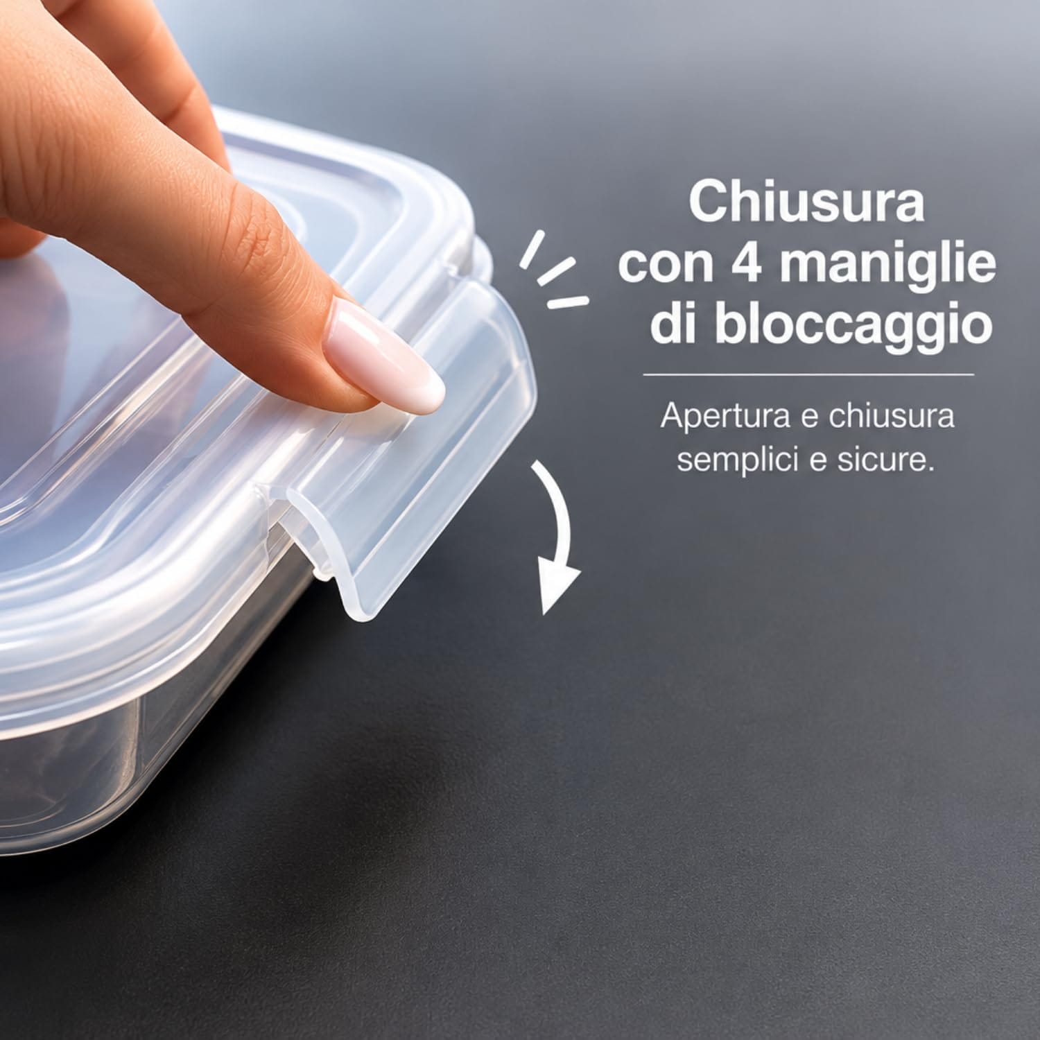 Sistema di chiusura a 4 clip Dettaglio chiusura ermetica con 4 maniglie di bloccaggio per contenitore alimentare rettangolare