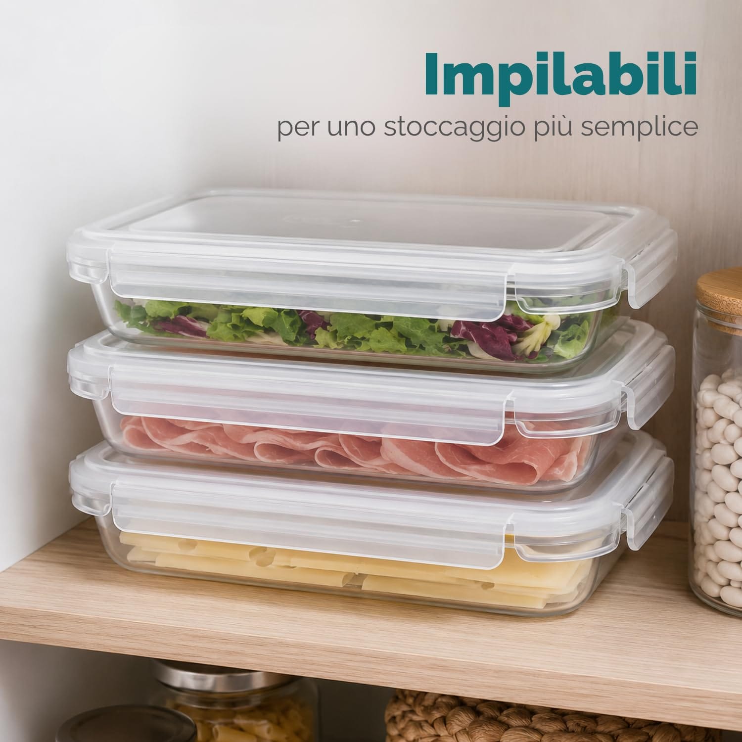 Contenitori impilabili salvaspazio Contenitori alimenti impilabili con chiusura ermetica per organizzare frigorifero dispensa e cucina