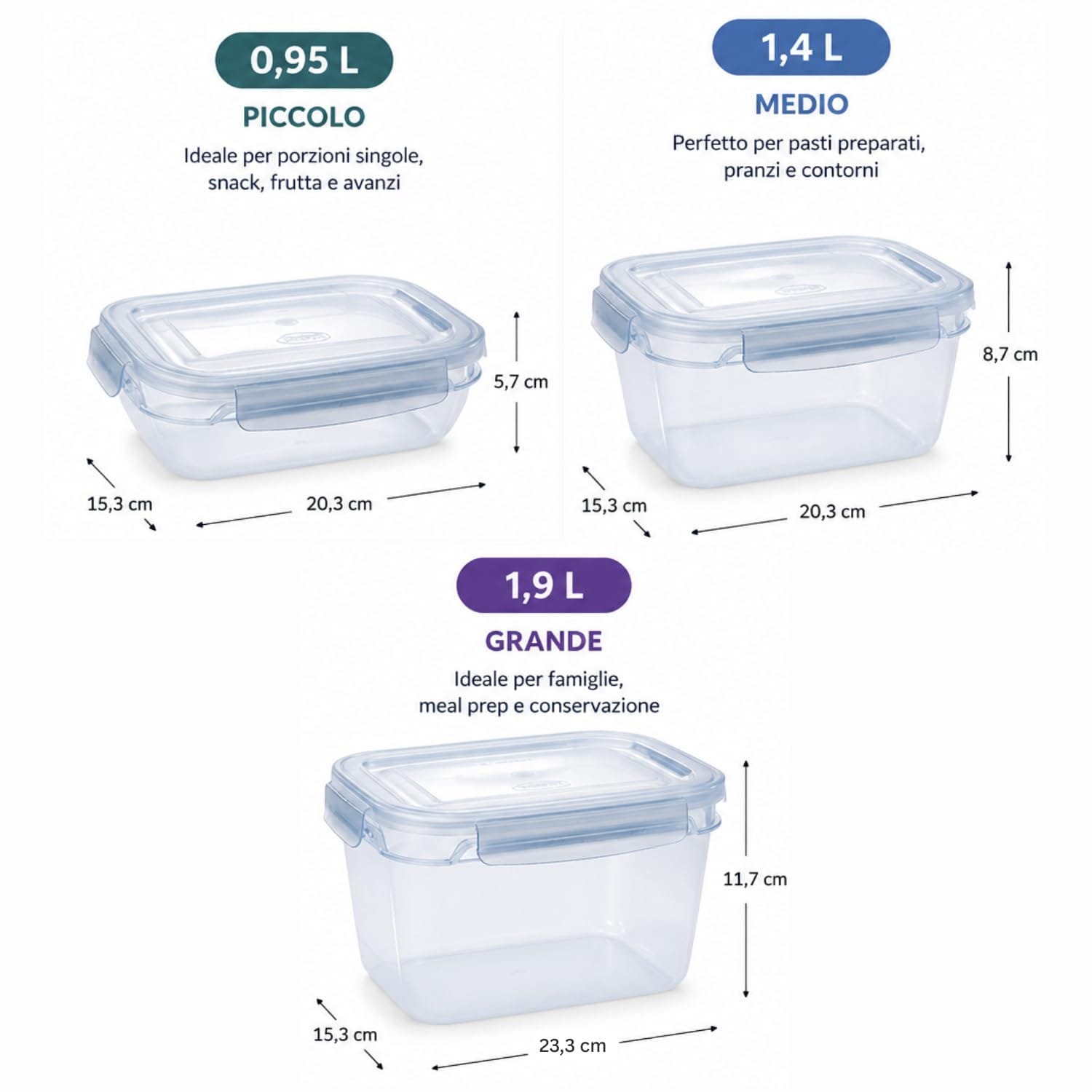 Contenitori alimenti ermetici 3 misure Set 3 contenitori alimenti ermetici rettangolari con coperchio da 0,95L 1,4L e 1,9L per conservazione cibo