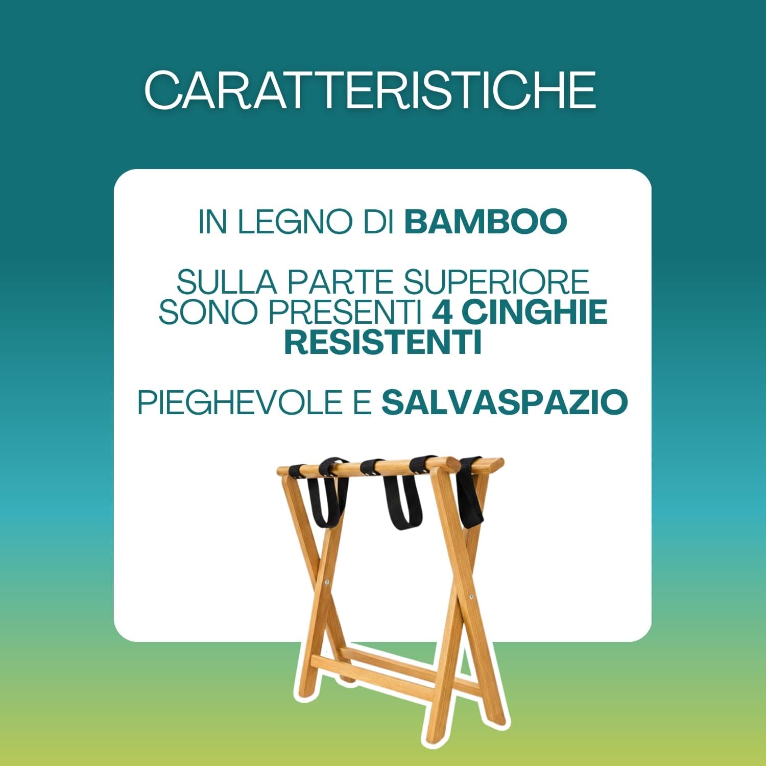 Porta valigie pieghevole in bamboo con 4 cinghie rinforzate, struttura salvaspazio richiudibile