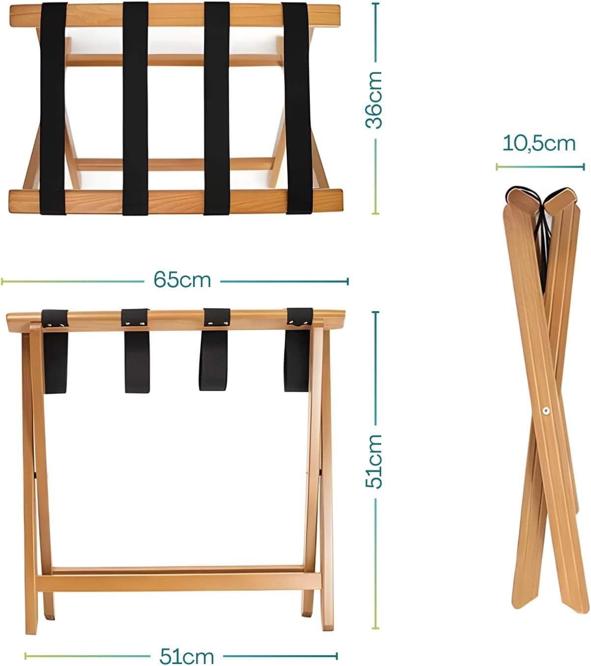 Porta valigia pieghevole in legno bamboo 65x36x51 cm con 4 cinghie nere resistenti