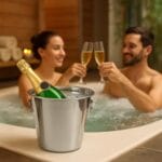 Coppia brinda in jacuzzi con secchiello portaghiaccio acciaio e champagne