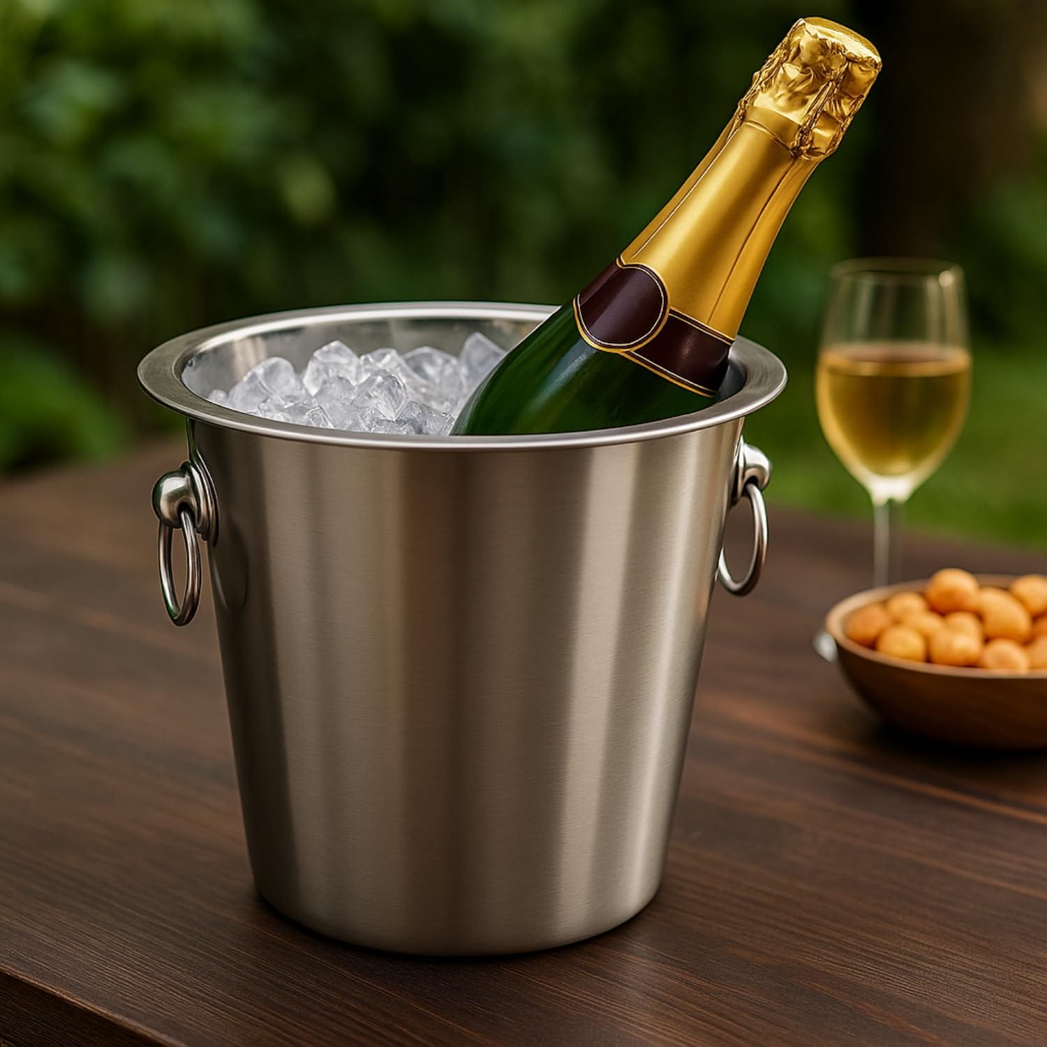 Secchiello portaghiaccio acciaio con champagne e ghiaccio per feste all’aperto