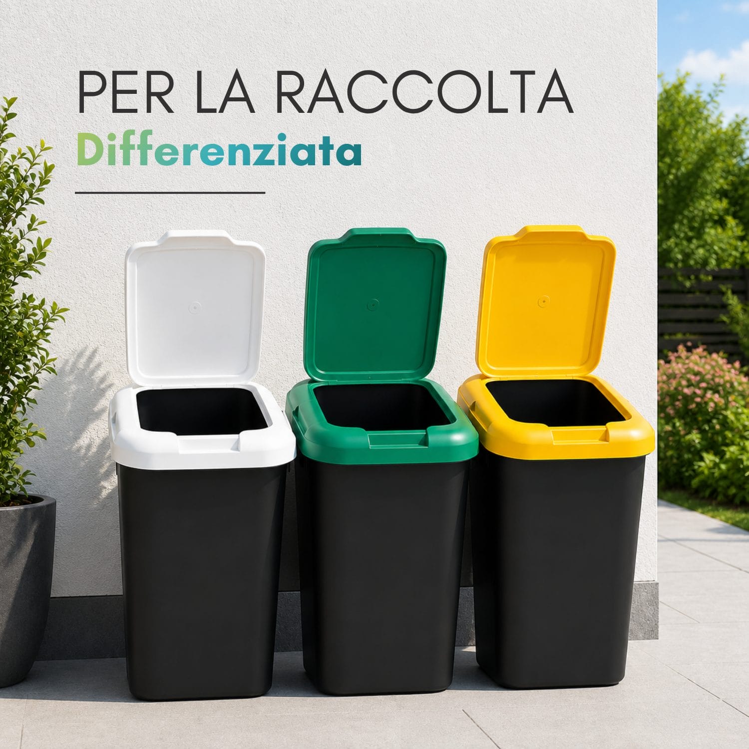 Pattumiera a 3 scomparti per raccolta differenziata Tre contenitori per raccolta differenziata con coperchi aperti bianco, verde e giallo in uno spazio esterno