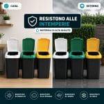 Pattumiera differenziata resistente per interno ed esterno Pattumiera per raccolta differenziata a tre scomparti mostrata in casa e all’esterno sotto pioggia e intemperie
