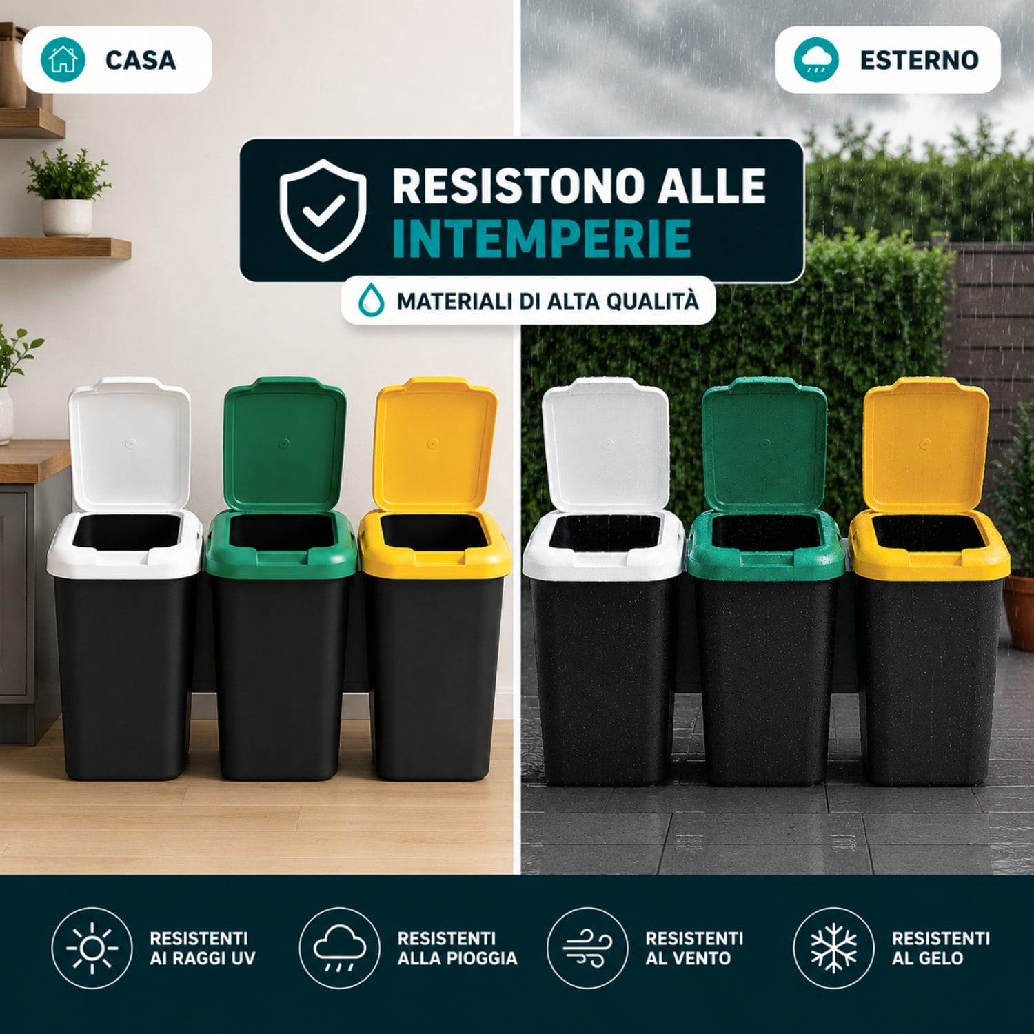 Pattumiera differenziata resistente per interno ed esterno Pattumiera per raccolta differenziata a tre scomparti mostrata in casa e all’esterno sotto pioggia e intemperie